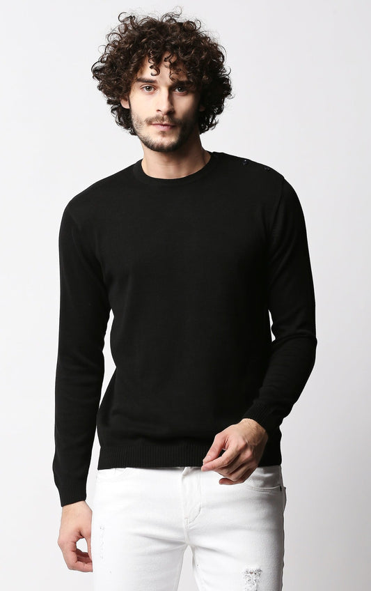 Fostino Black Knitted Full Sleeves T-shirt with button on one shoulder - Fostino - Shirts & Tops