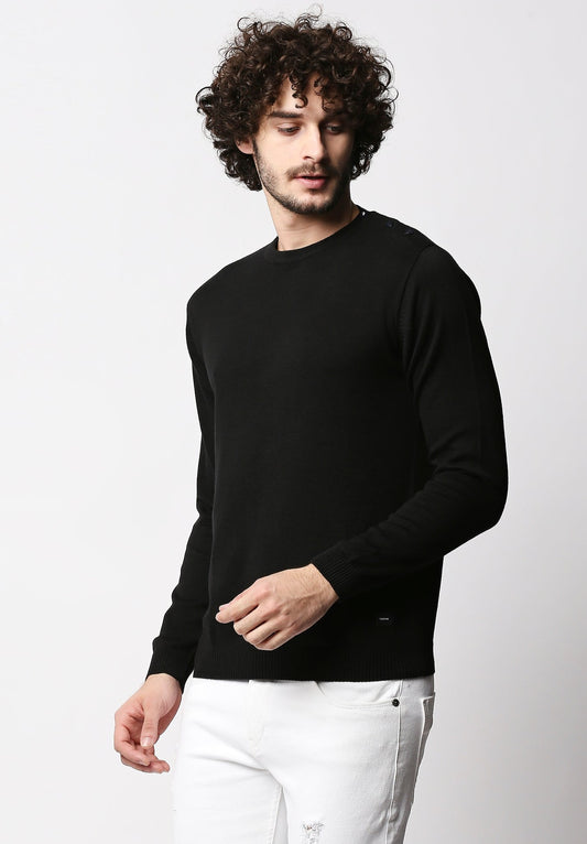 Fostino Black Knitted Full Sleeves T-shirt with button on one shoulder - Fostino - Shirts & Tops