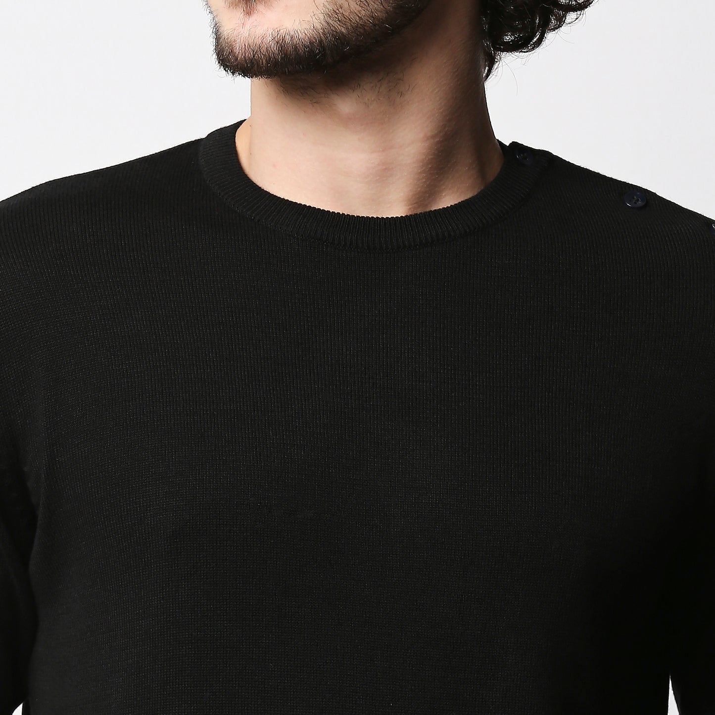 Fostino Black Knitted Full Sleeves T-shirt with button on one shoulder - Fostino - Shirts & Tops