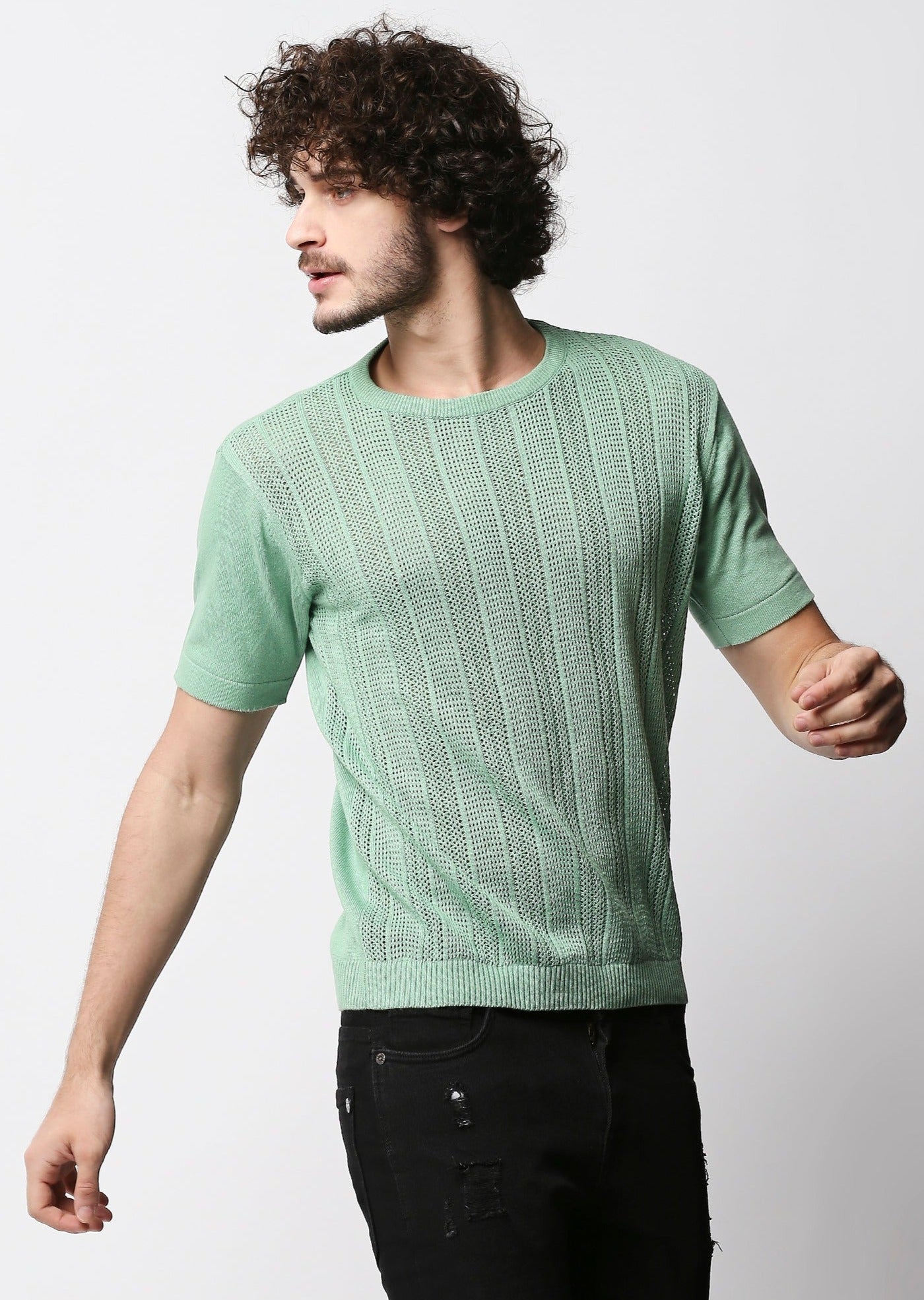 Fostino Green Knitted Crew Neck T-shirt with structure - Fostino - T-Shirts