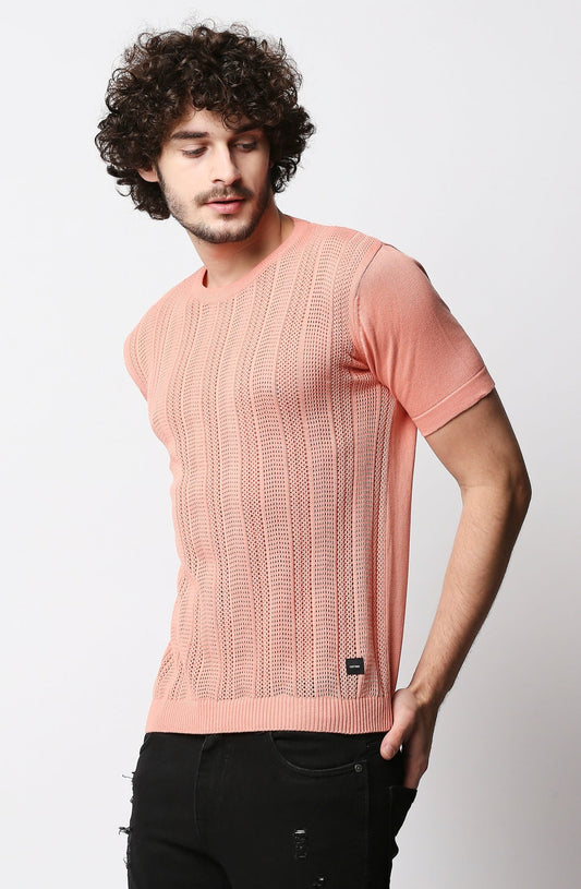 Fostino Peach Pink Knitted Crew Neck T-shirt with structure - Fostino - T-Shirts