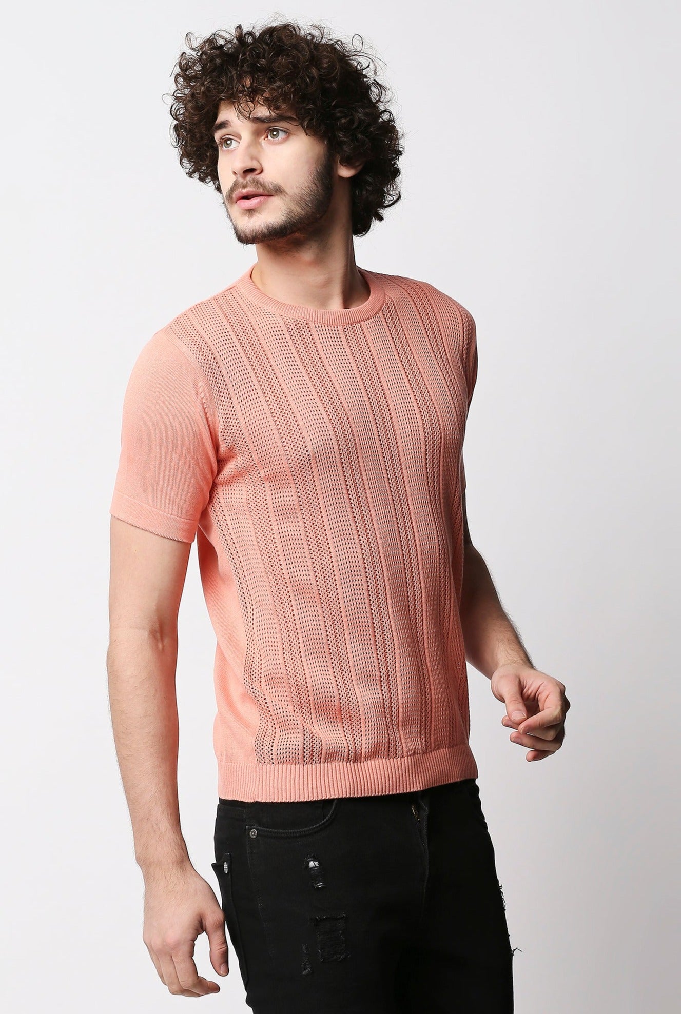 Fostino Peach Pink Knitted Crew Neck T-shirt with structure - Fostino - T-Shirts