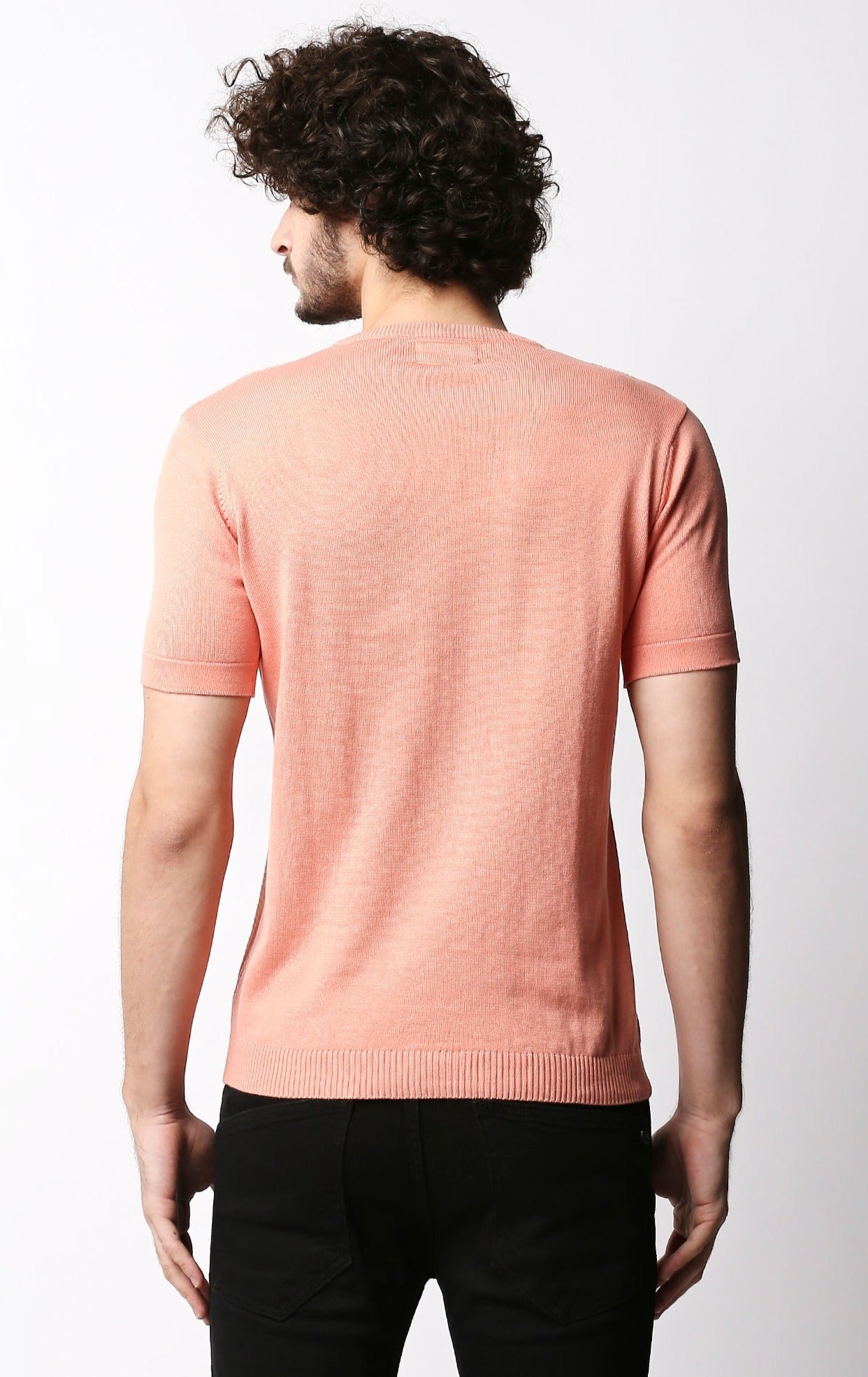Fostino Peach Pink Knitted Crew Neck T-shirt with structure - Fostino - T-Shirts