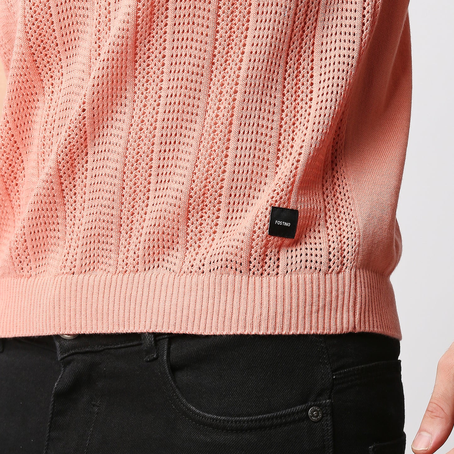 Fostino Peach Pink Knitted Crew Neck T-shirt with structure - Fostino - T-Shirts