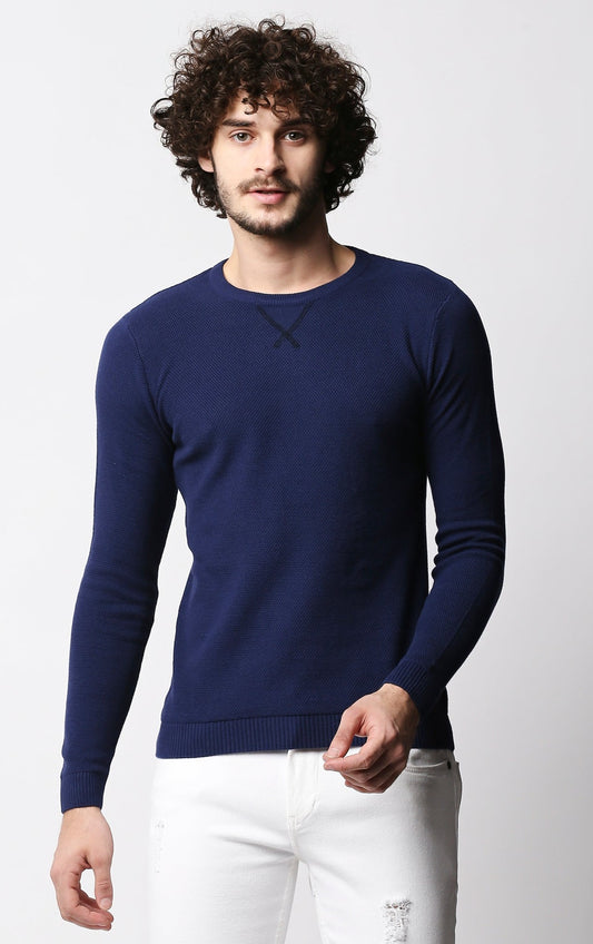 Fostino Dark Blue Knitted Full Sleeves T-shirt - Fostino - T-Shirts