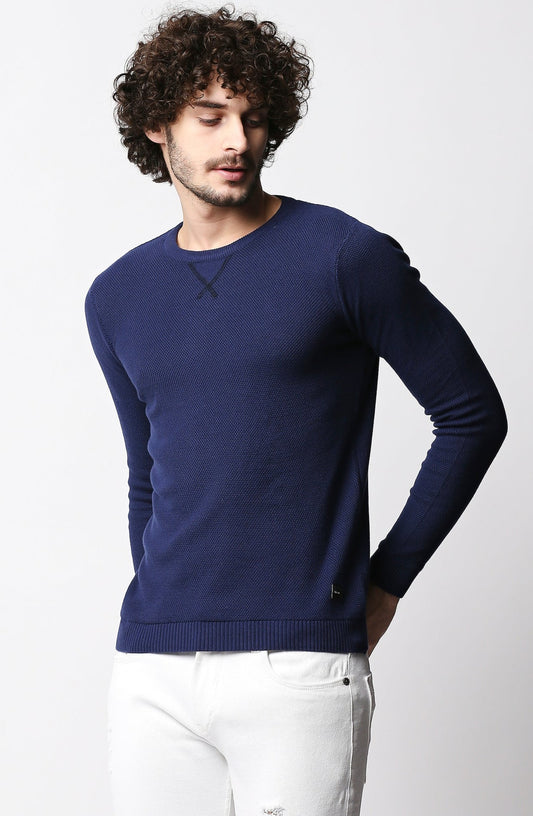Fostino Dark Blue Knitted Full Sleeves T-shirt - Fostino - T-Shirts