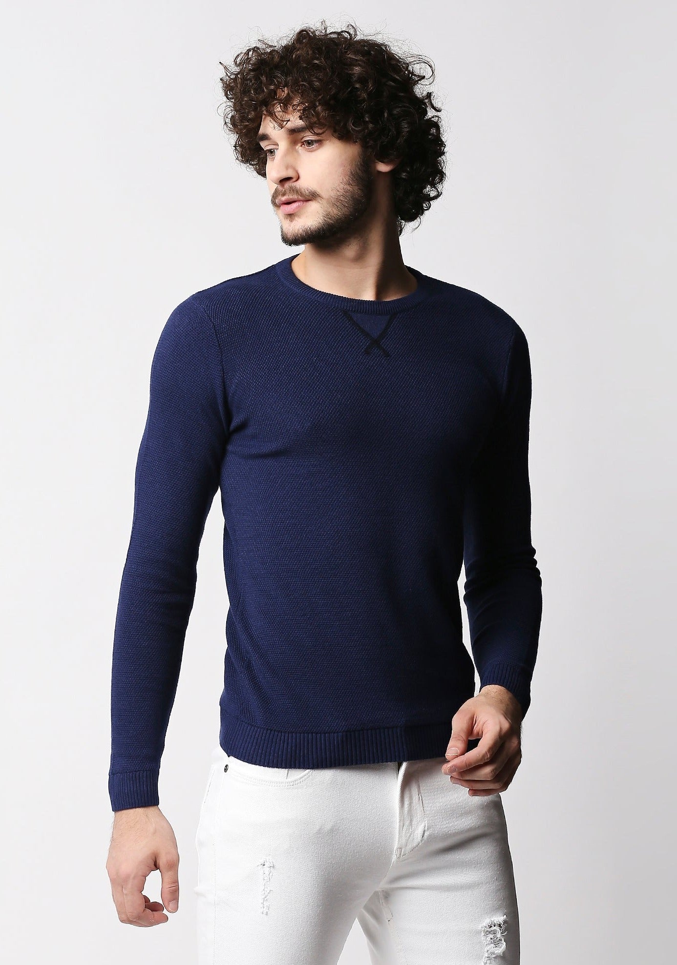 Fostino Dark Blue Knitted Full Sleeves T-shirt - Fostino - T-Shirts