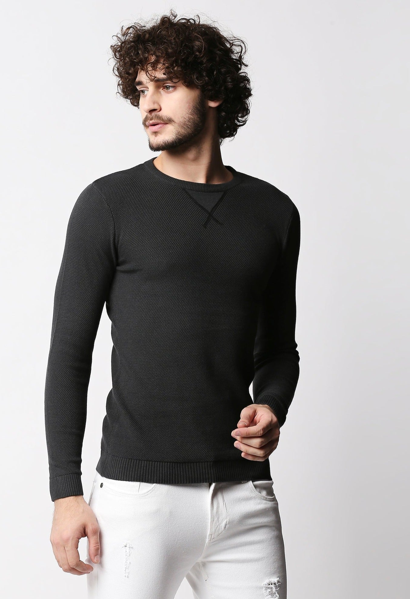 Fostino Dark Grey Knitted Full Sleeves T-shirt - Fostino - Shirts & Tops