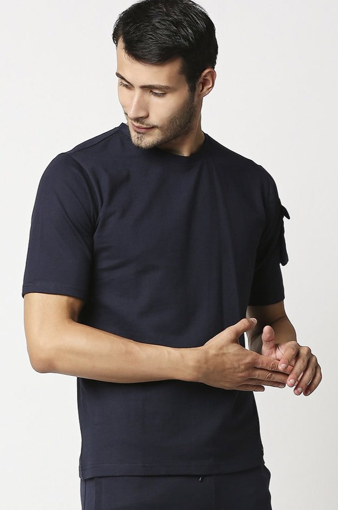 Fostino Ibu Navy Round Neck T-Shirt with Pocket on Arms Sleeves - Fostino - T-Shirts