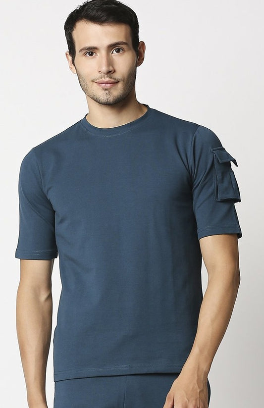 Fostino Ibu Blue Round Neck T-Shirt with Pocket on Arms Sleeves - Fostino - T-Shirts