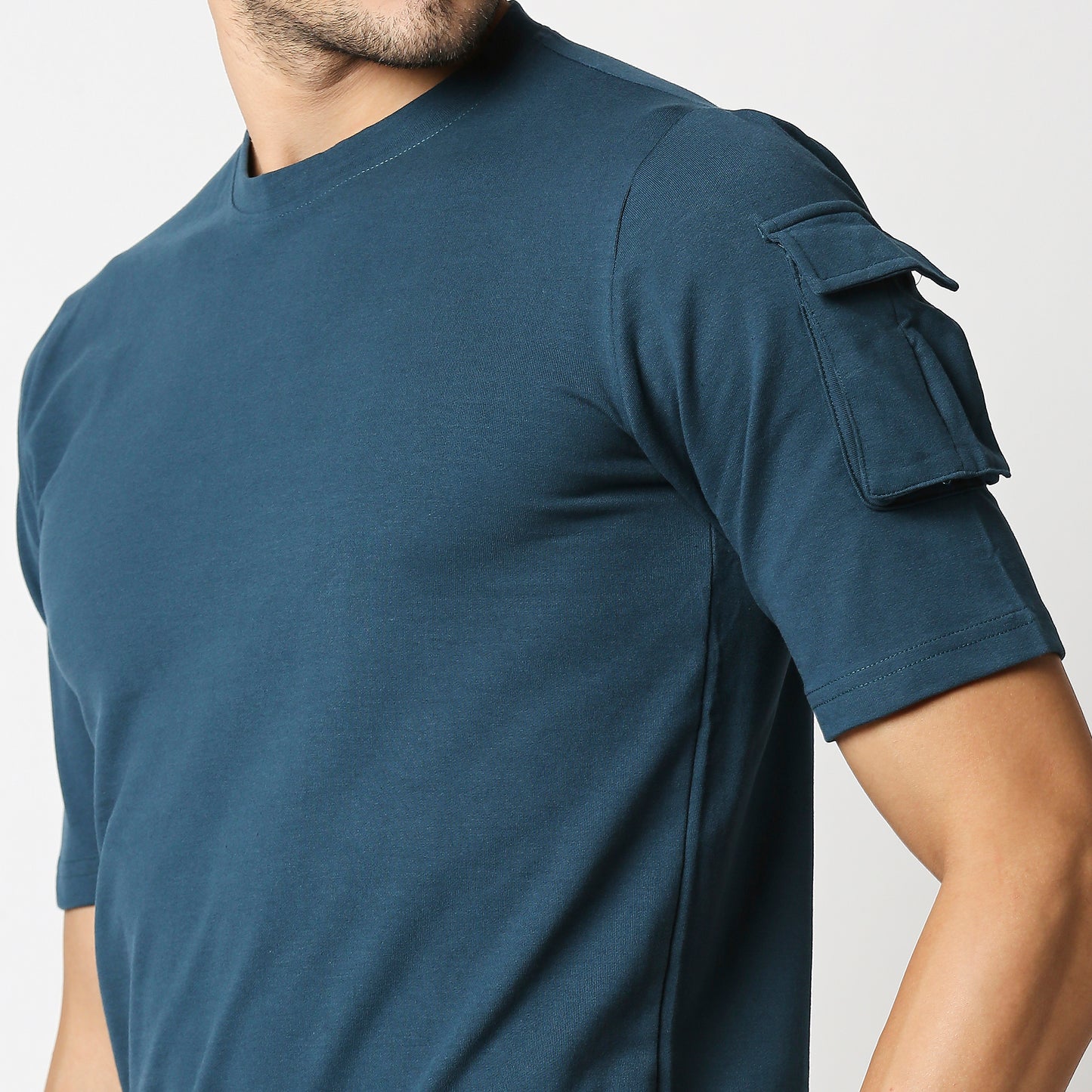 Fostino Ibu Blue Round Neck T-Shirt with Pocket on Arms Sleeves - Fostino - T-Shirts