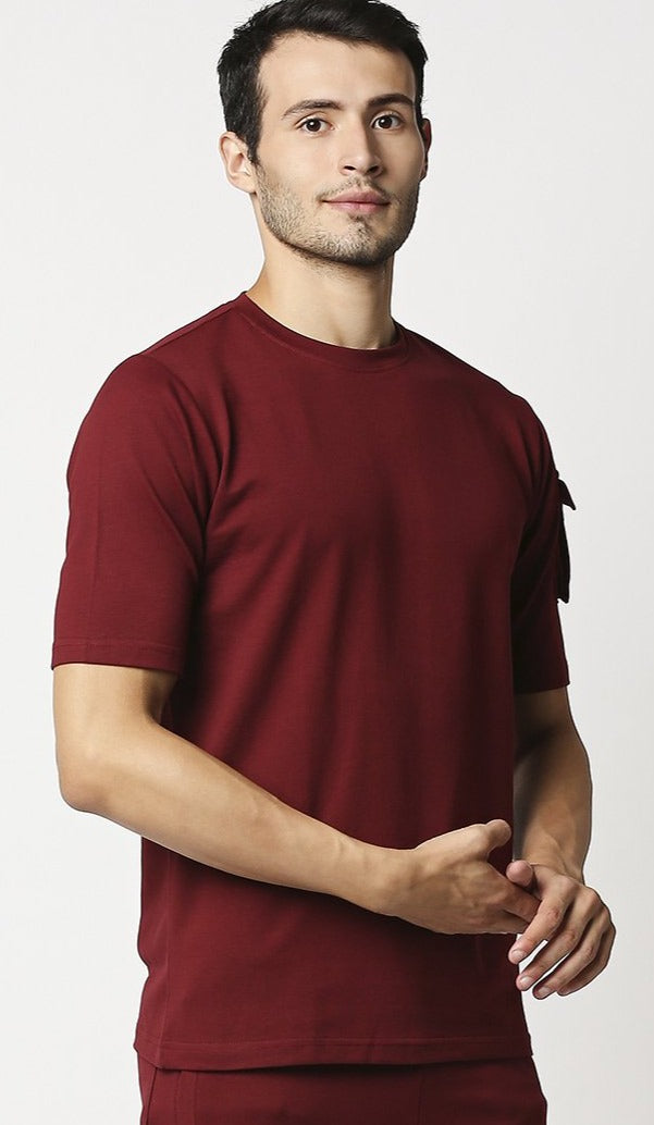 Fostino Ibu Maroon Round Neck T-Shirt with Pocket on Arms Sleeves - Fostino - T-Shirts