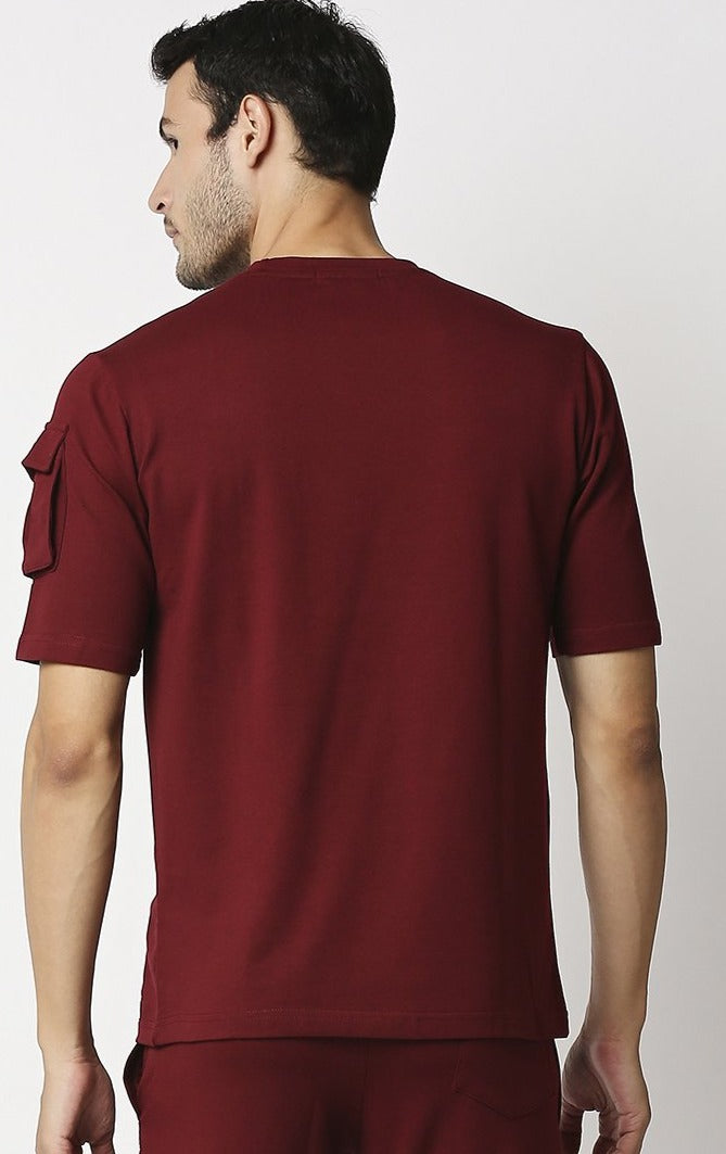 Fostino Ibu Maroon Round Neck T-Shirt with Pocket on Arms Sleeves - Fostino - T-Shirts