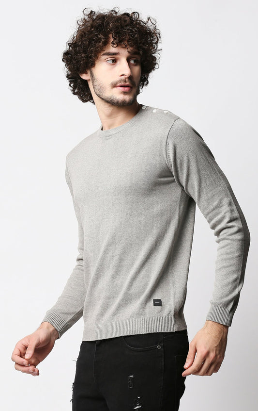 Fostino Grey Knitted Full Sleeves T-shirt with button on one shoulder - Fostino - T-Shirts
