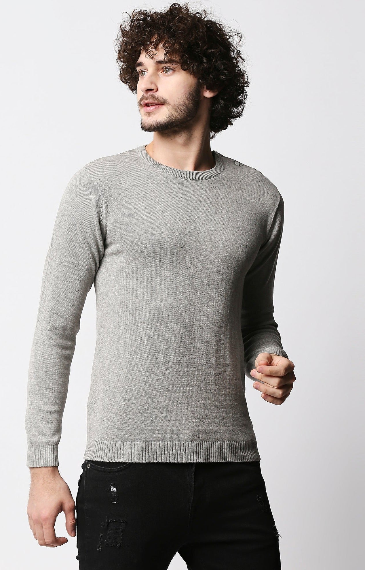 Fostino Grey Knitted Full Sleeves T-shirt with button on one shoulder - Fostino - T-Shirts