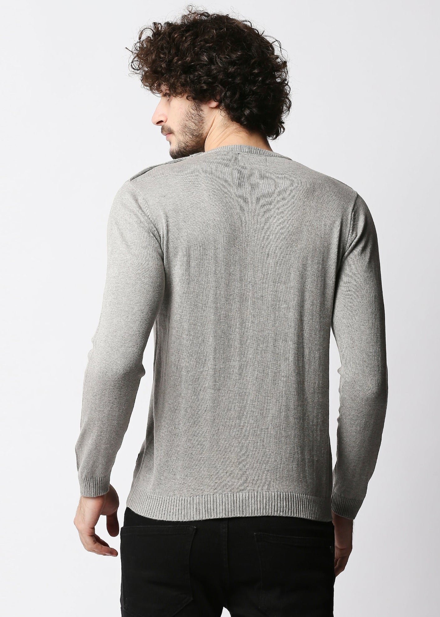 Fostino Grey Knitted Full Sleeves T-shirt with button on one shoulder - Fostino - T-Shirts
