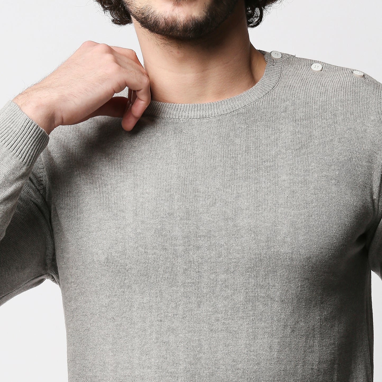 Fostino Grey Knitted Full Sleeves T-shirt with button on one shoulder - Fostino - T-Shirts