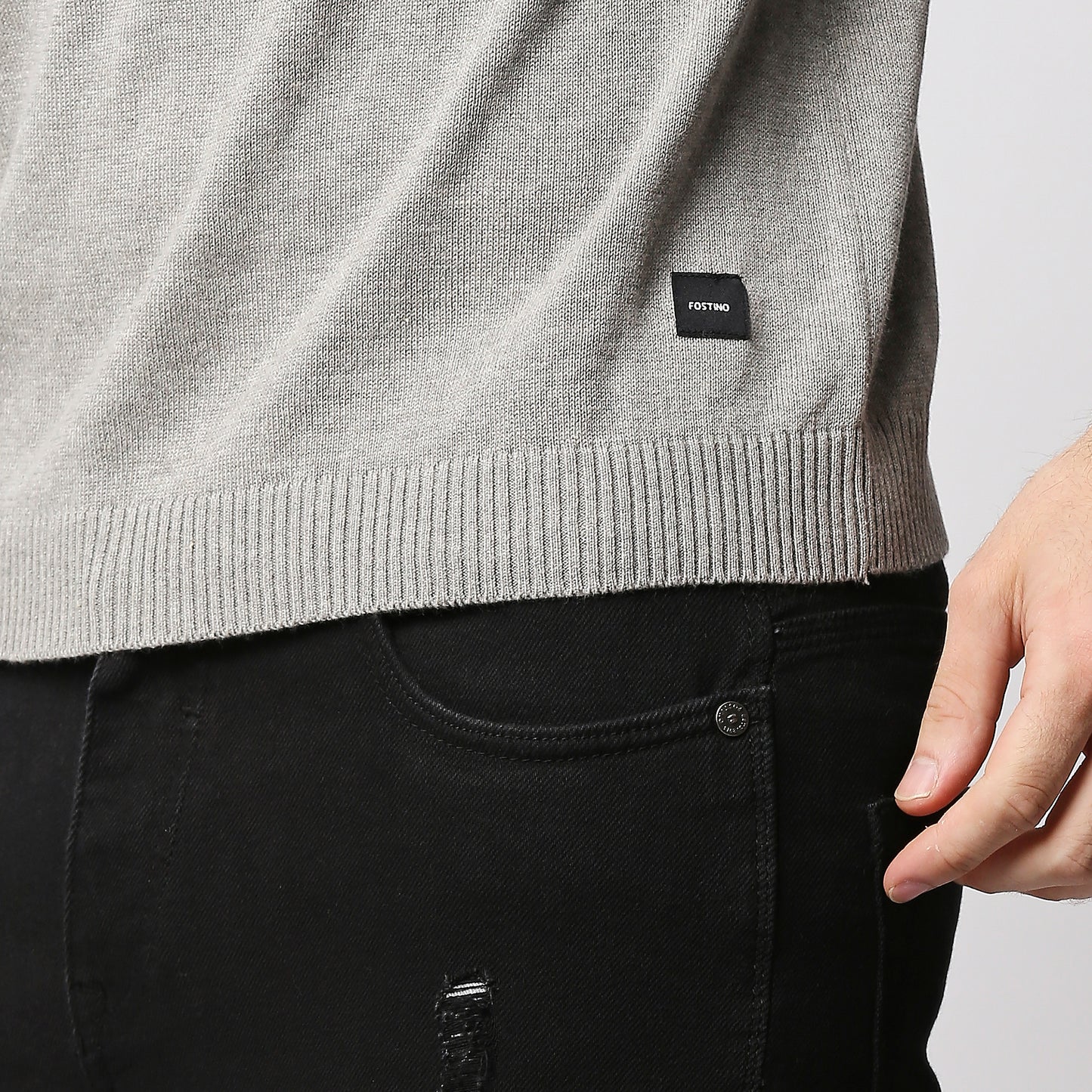 Fostino Grey Knitted Full Sleeves T-shirt with button on one shoulder - Fostino - T-Shirts