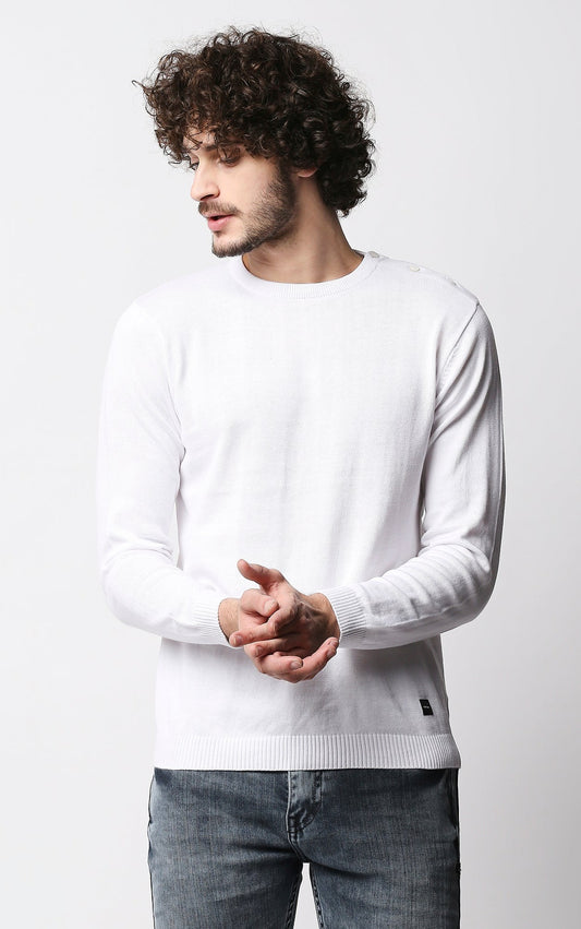 Fostino White Knitted Full Sleeves T-shirt with button on one shoulder - Fostino - T-Shirts