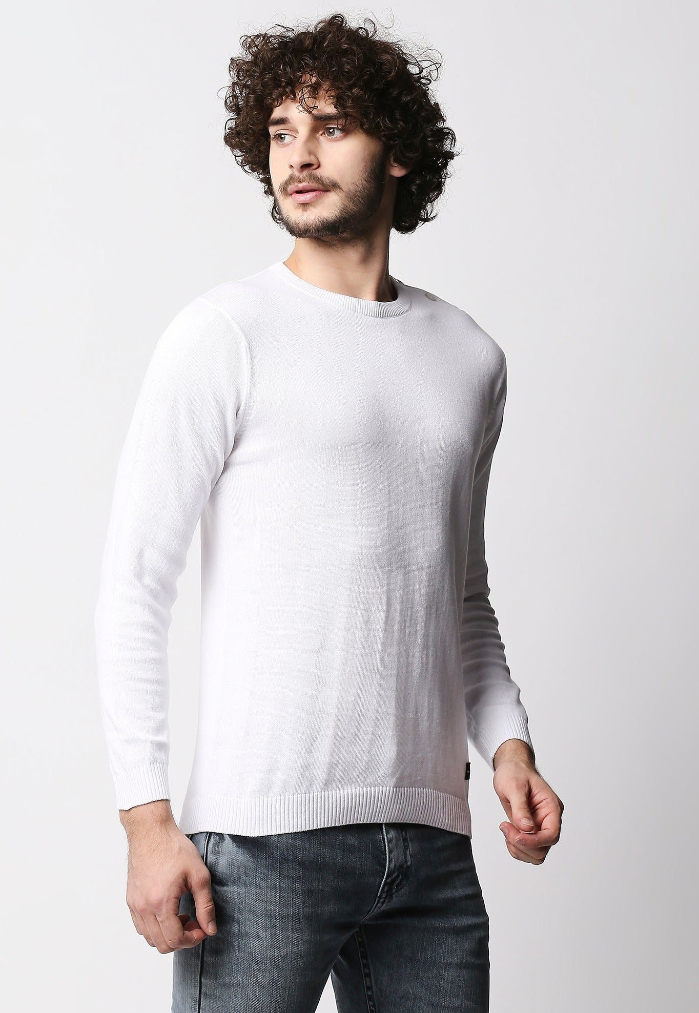Fostino White Knitted Full Sleeves T-shirt with button on one shoulder - Fostino - T-Shirts