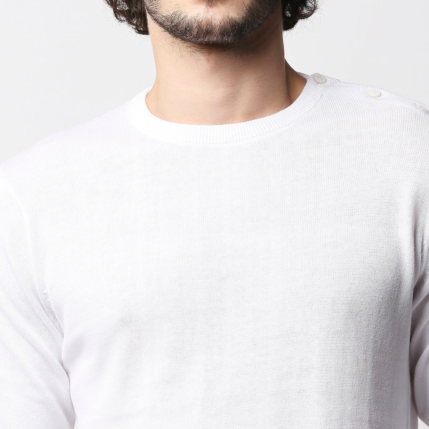 Fostino White Knitted Full Sleeves T-shirt with button on one shoulder - Fostino - T-Shirts