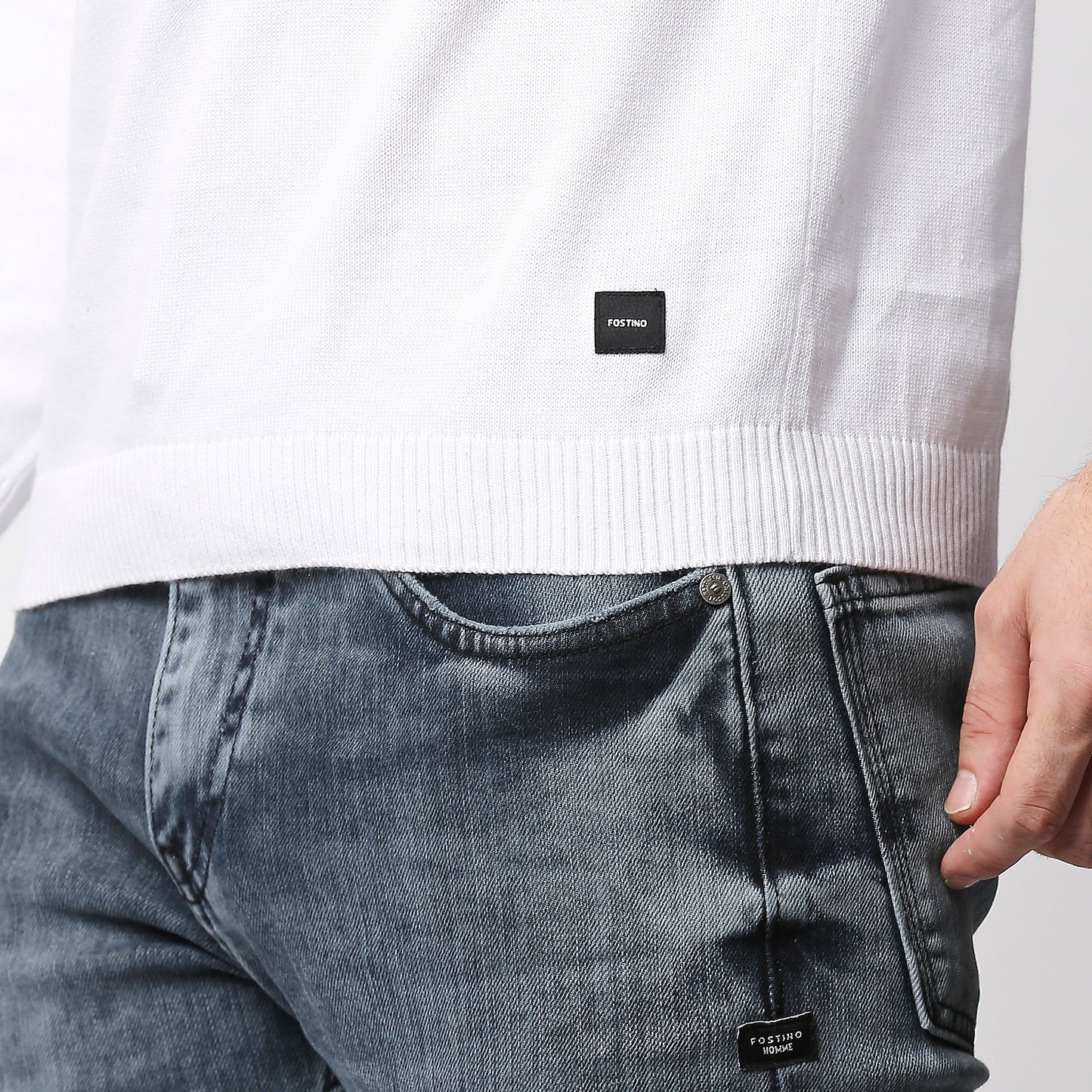 Fostino White Knitted Full Sleeves T-shirt with button on one shoulder - Fostino - T-Shirts
