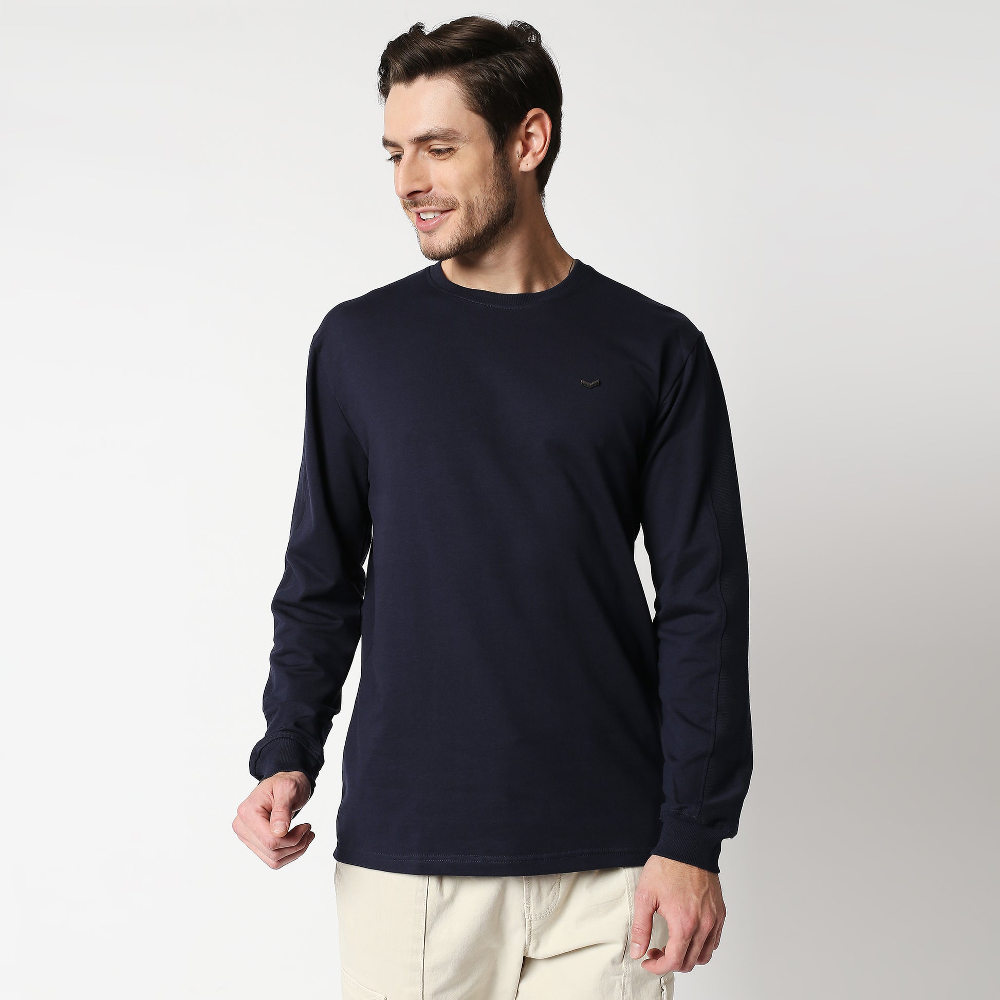 Fostino Navy Blue Pullover Full Sleeves T-Shirt with Rib on Sleeves - Fostino - T-Shirts