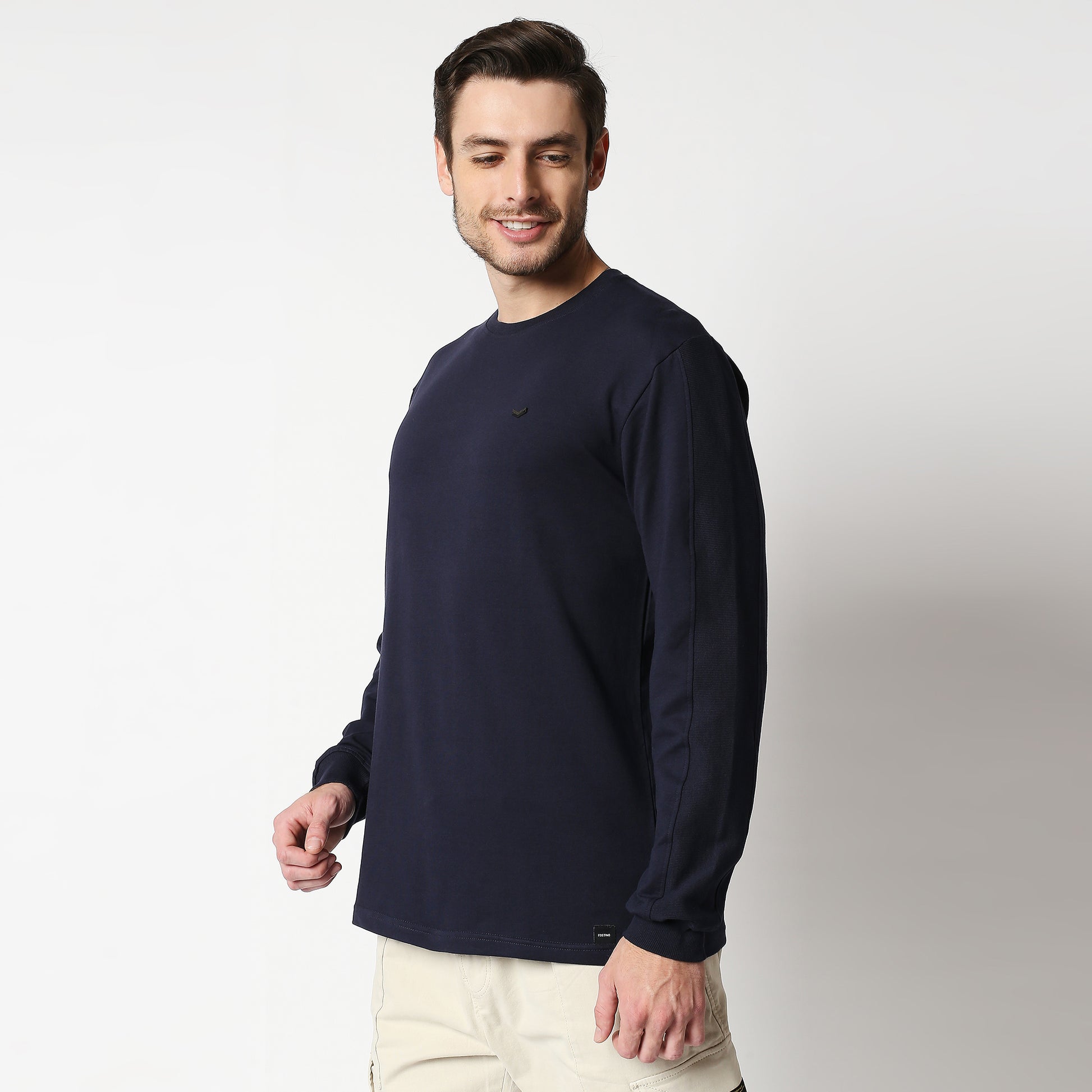 Fostino Navy Blue Pullover Full Sleeves T-Shirt with Rib on Sleeves - Fostino - T-Shirts