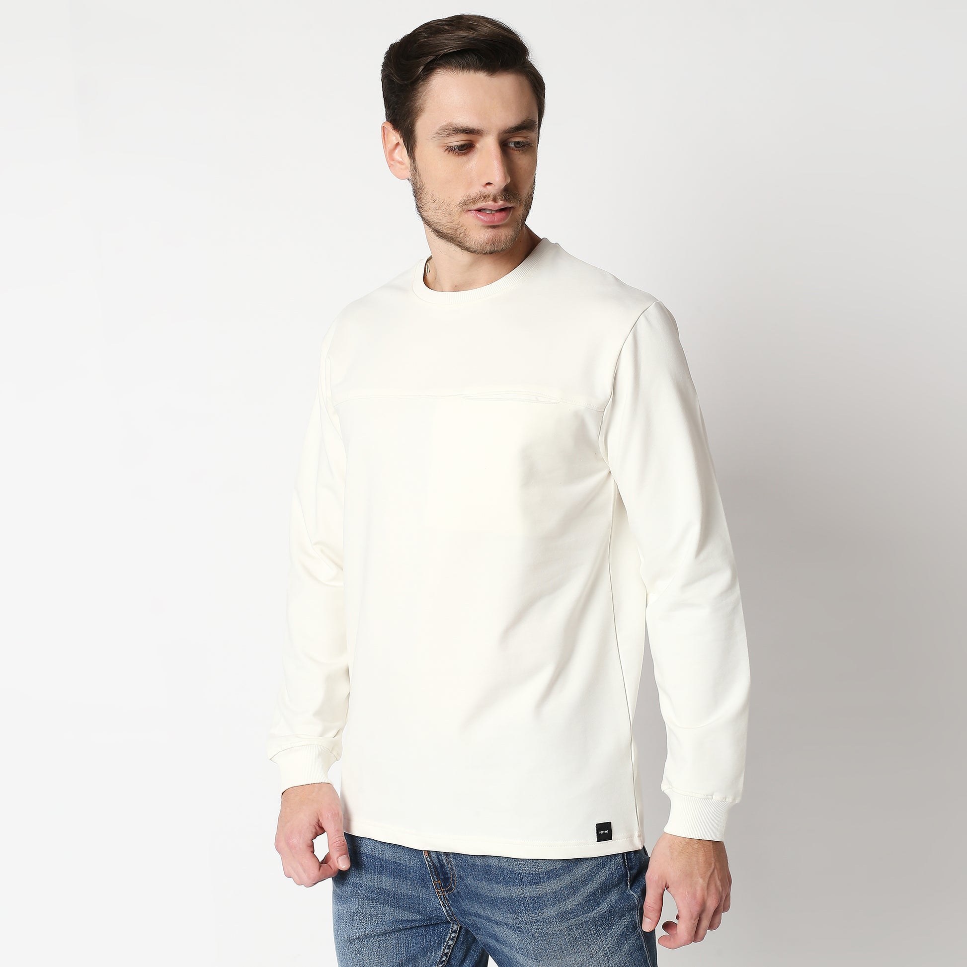 Fostino White Pullover Full Sleeves T-Shirt with Pocket - Fostino - T-Shirts