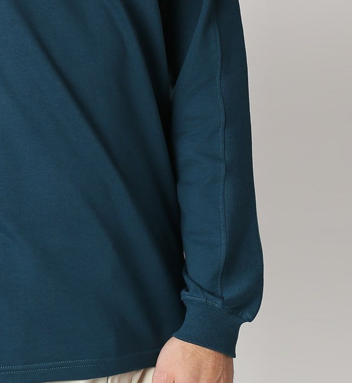 Fostino Teal Blue Pullover Full Sleeves T-Shirt with Rib on Sleeves - Fostino - T-Shirts