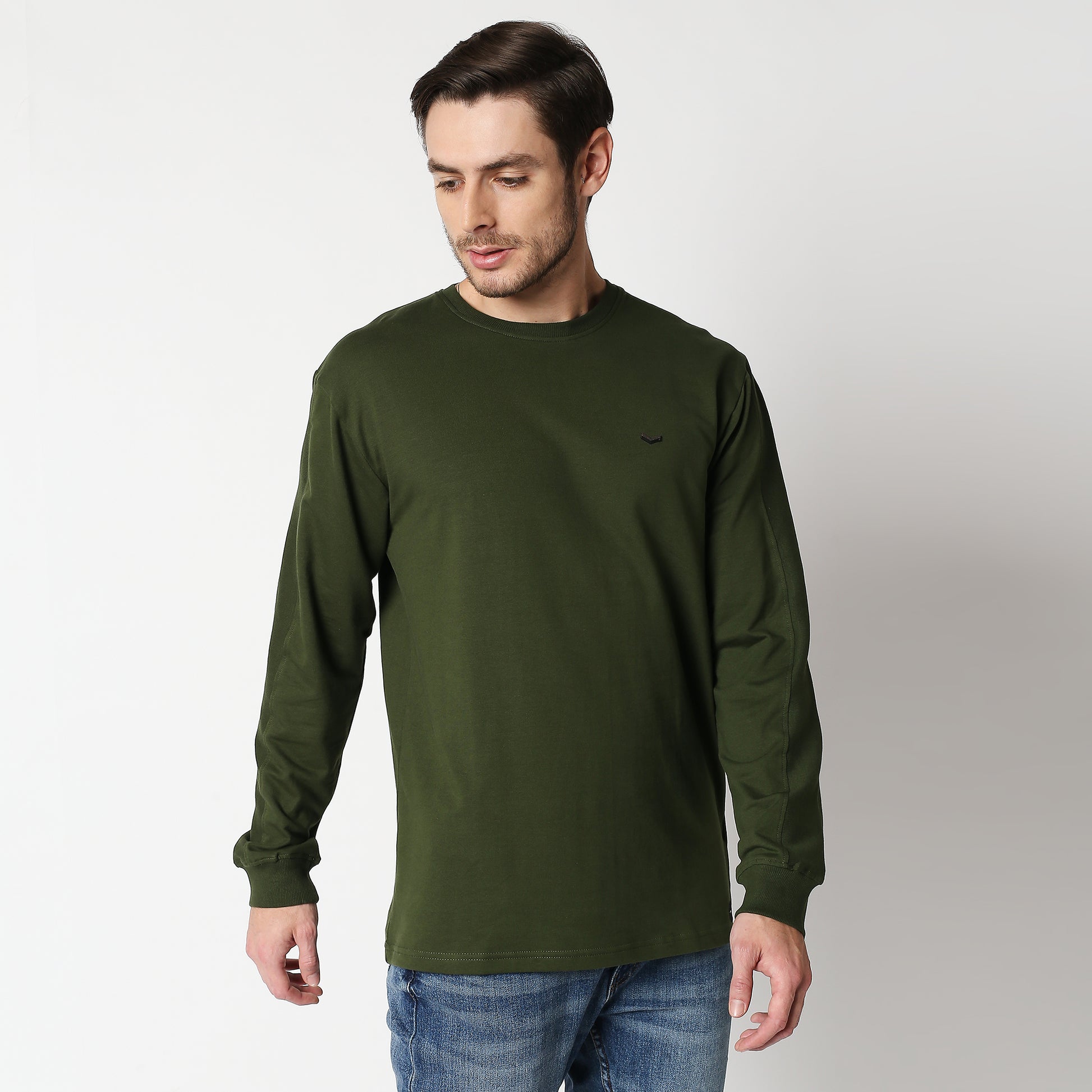 Fostino Mehendi Green Pullover Full Sleeves T-Shirt with Rib on Sleeves - Fostino - T-Shirts