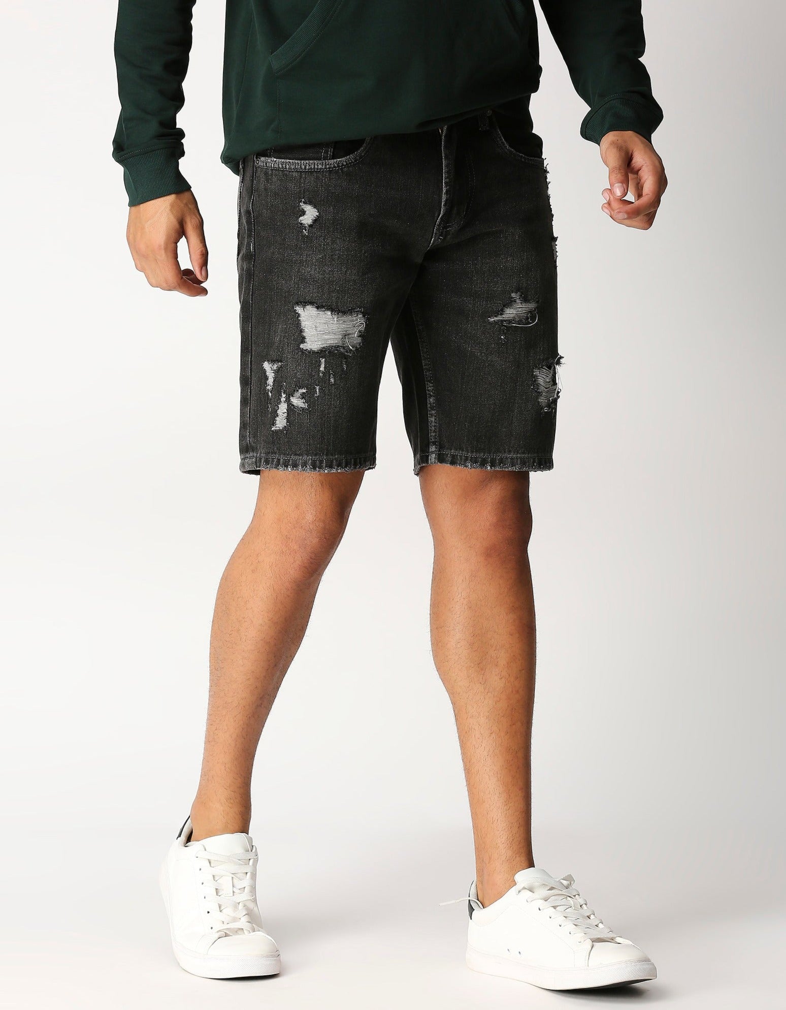 Fostino Carbon Black Denim Distress Shorts - Fostino Shorts