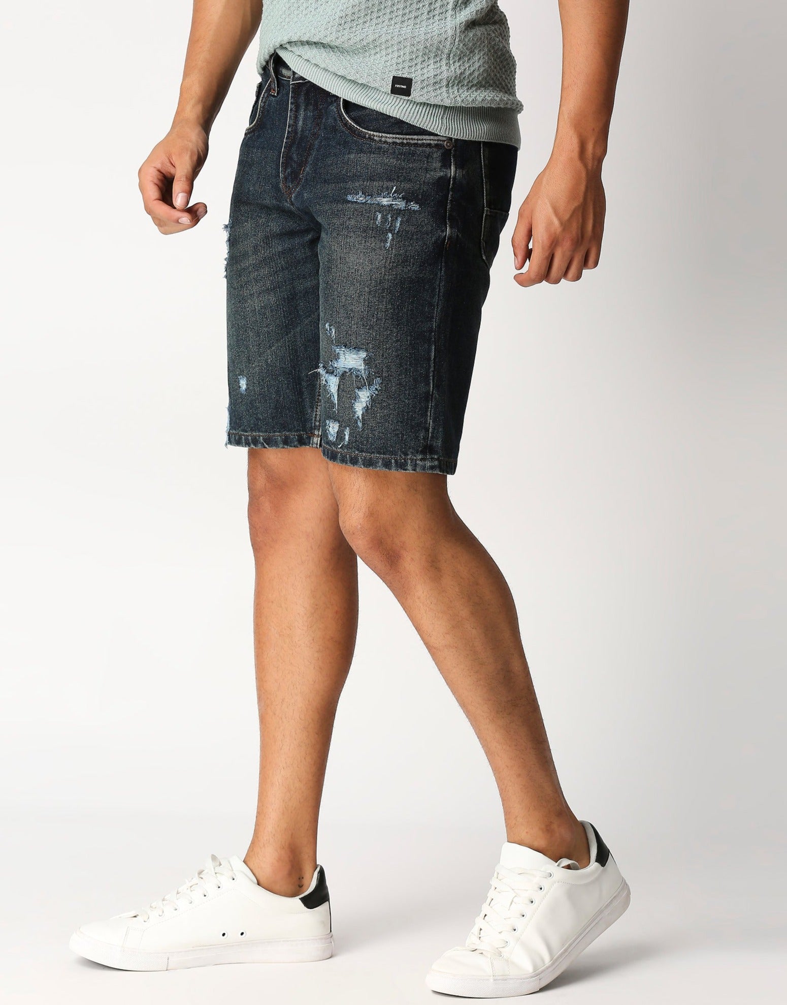 Fostino Vintage Wash Denim dark blue Distress Shorts - Fostino Shorts