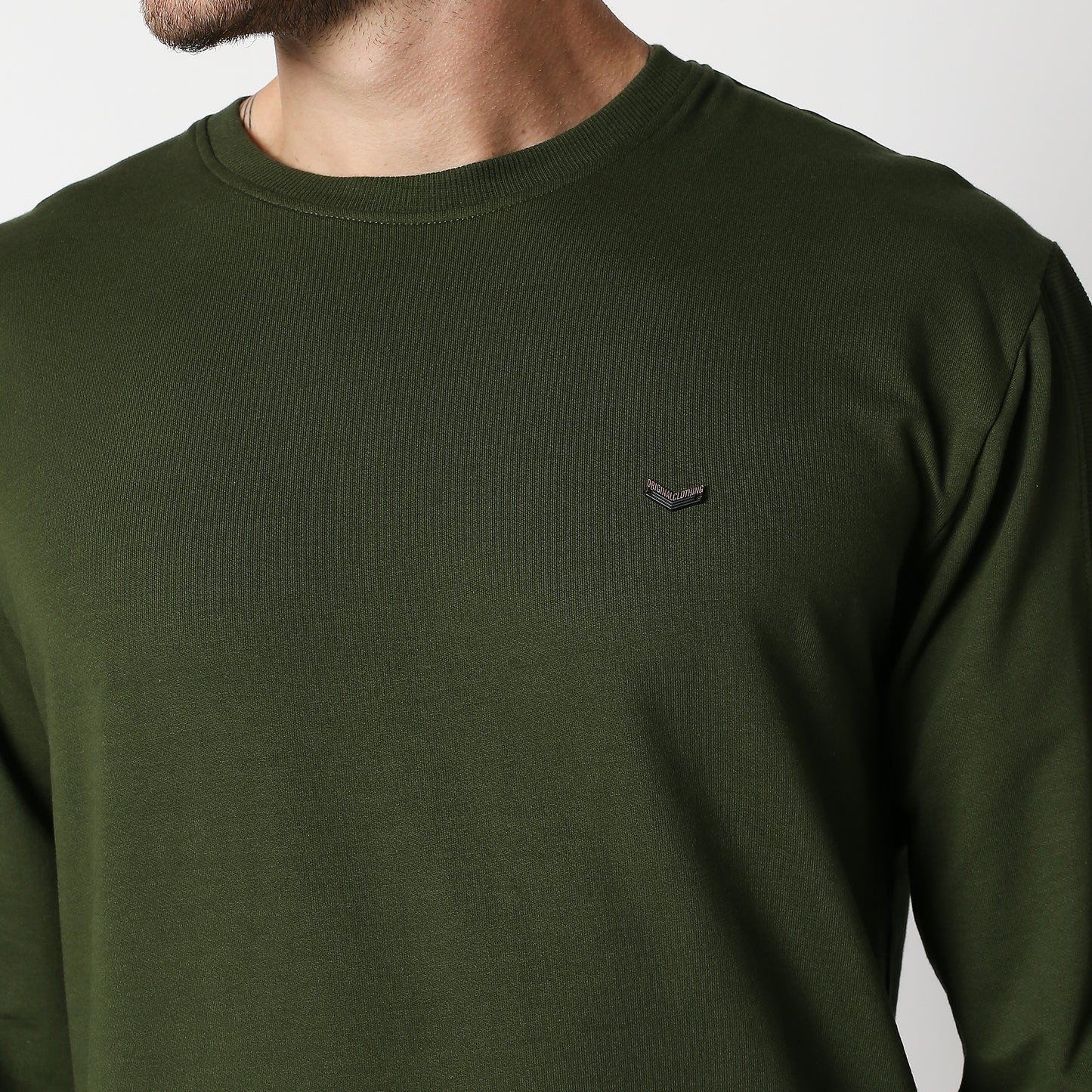 Fostino Mehendi Green Pullover Full Sleeves T-Shirt with Rib on Sleeves - Fostino - T-Shirts