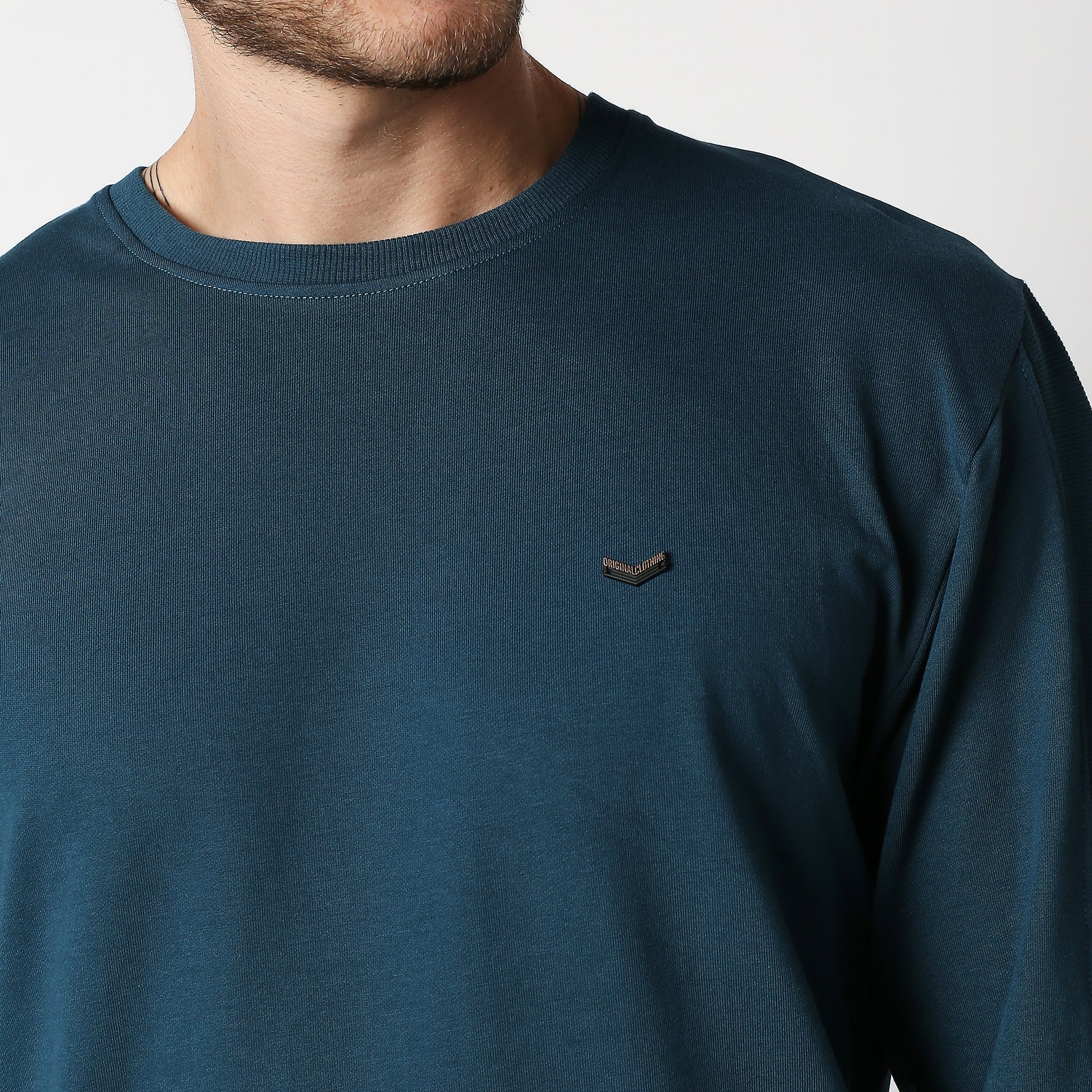 Fostino Teal Blue Pullover Full Sleeves T-Shirt with Rib on Sleeves - Fostino - T-Shirts