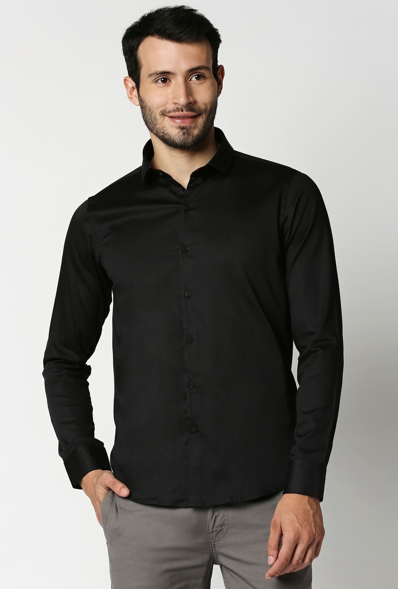 Fostino Plain Lycra Black Full Sleeves Shirt - Fostino - Shirts