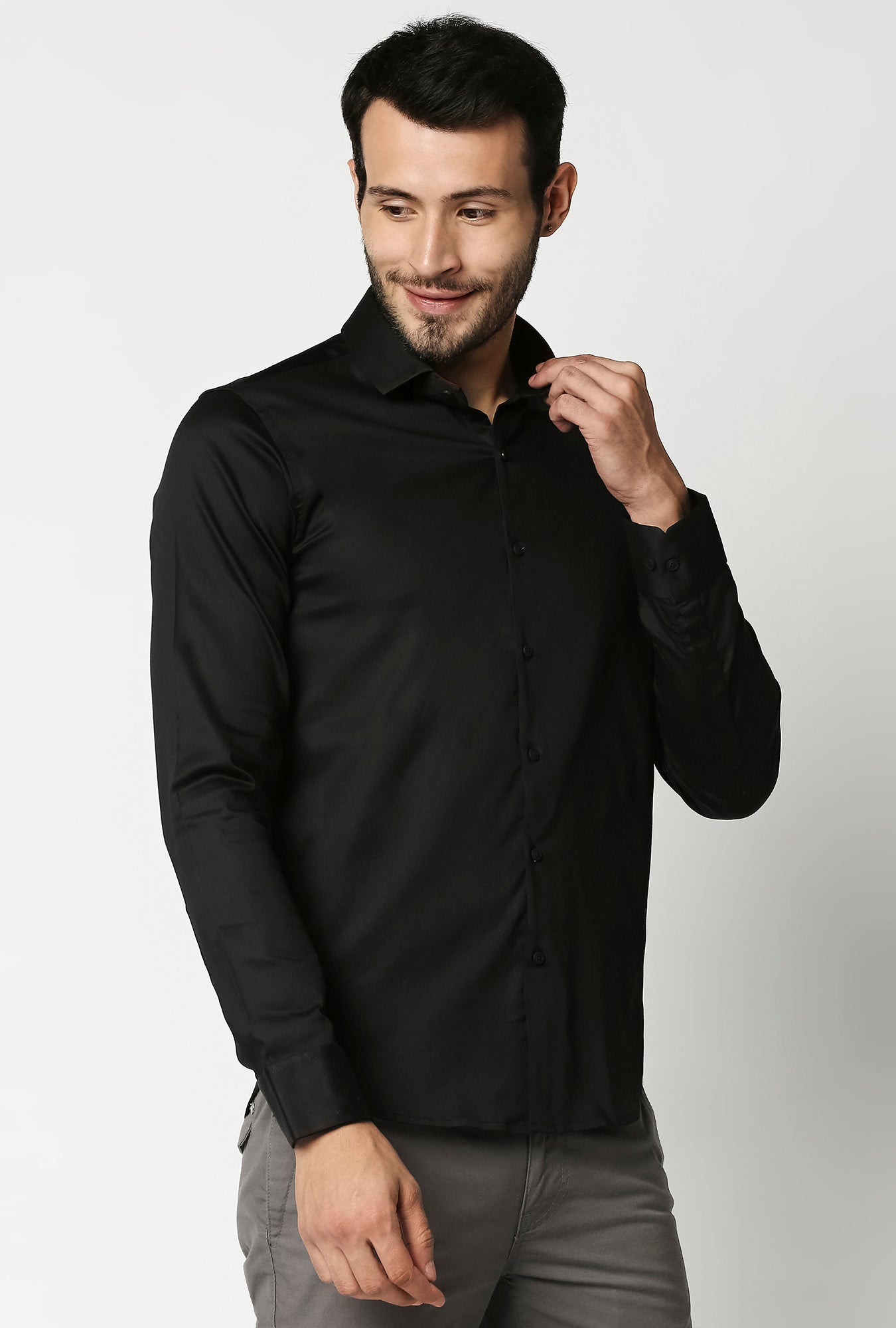 Fostino Plain Lycra Black Full Sleeves Shirt - Fostino - Shirts