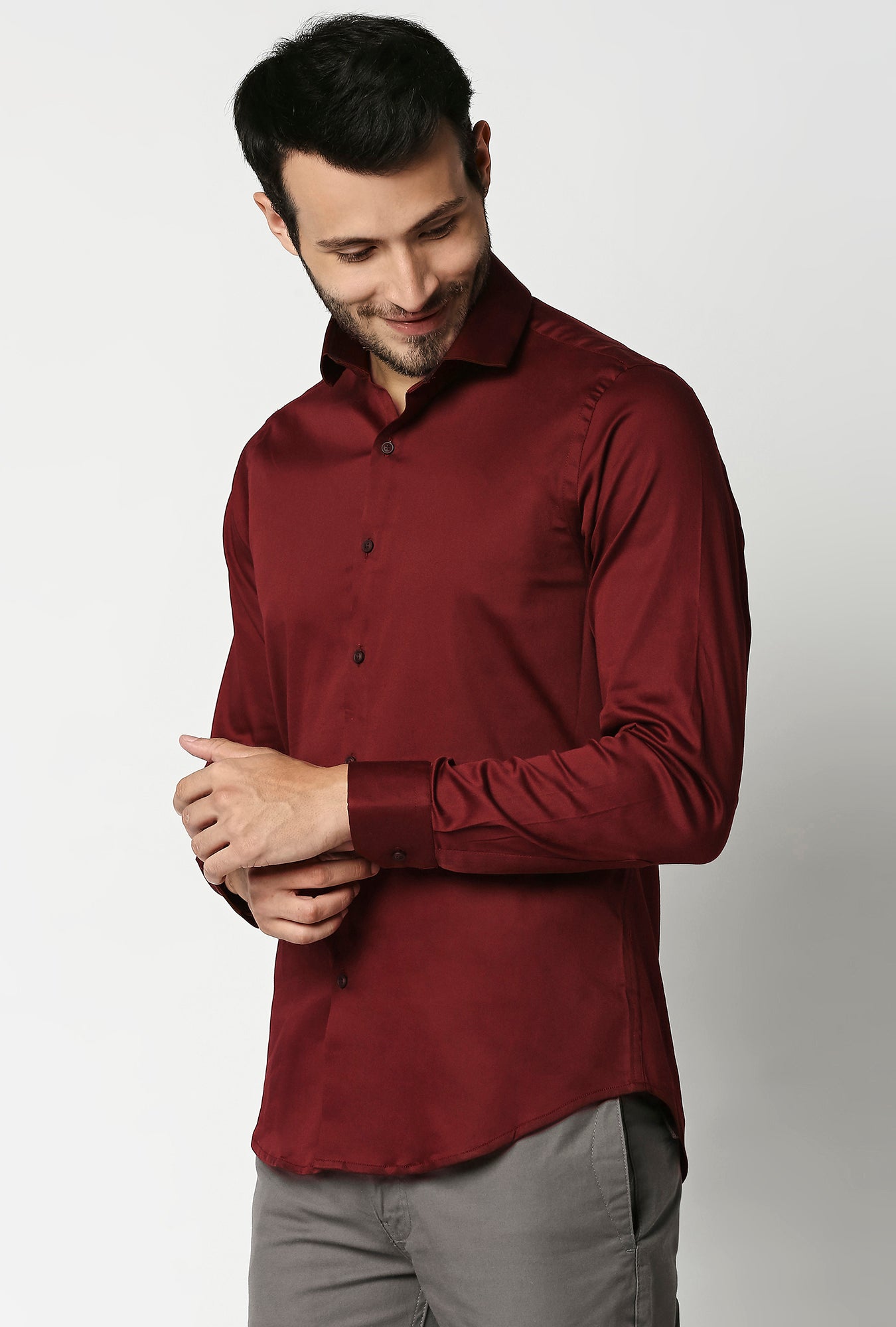 Fostino Plain Lycra Maroon Full Sleeves Shirt - Fostino - Shirts
