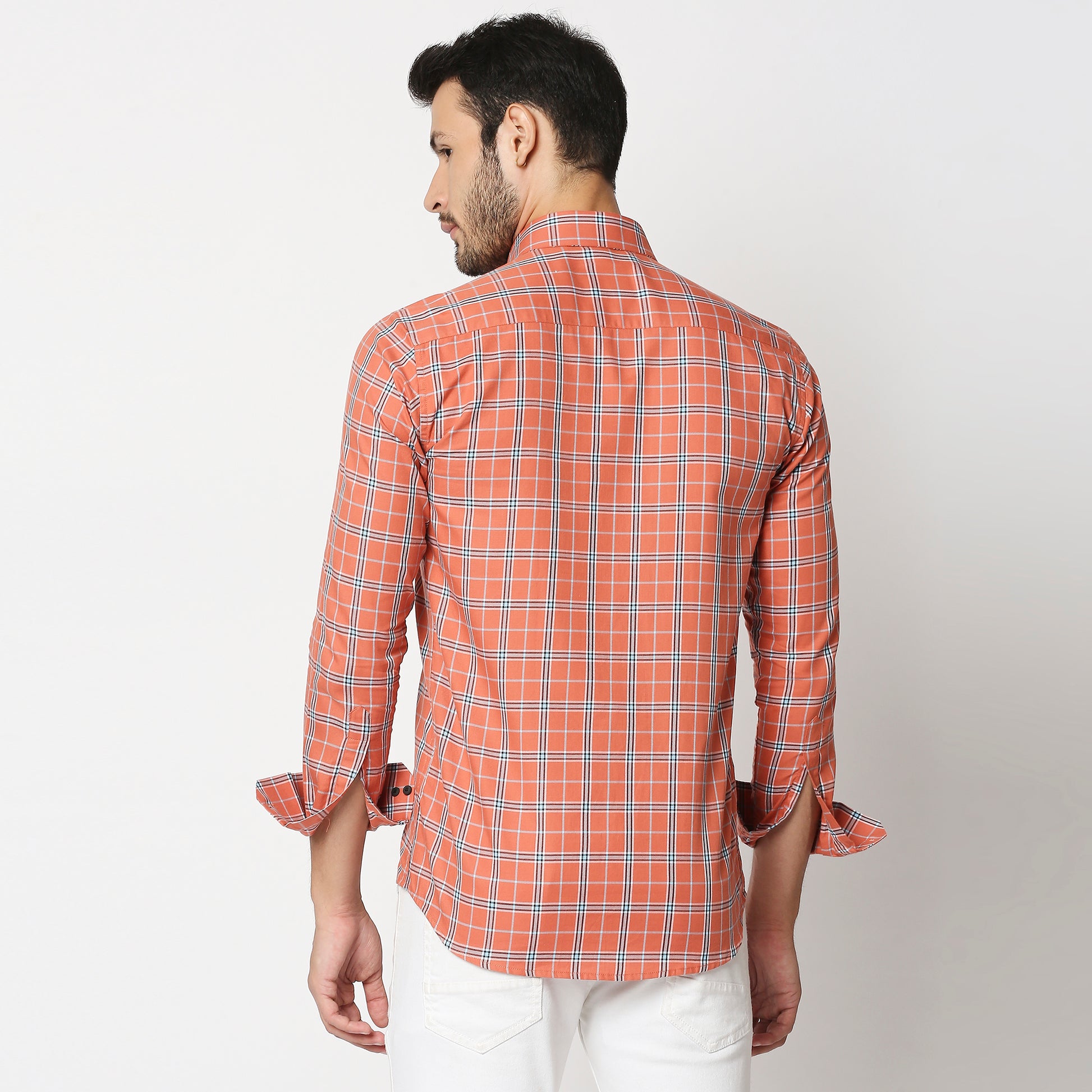 Fostino Orange Checks Full Sleeves Shirt - Fostino Shirts