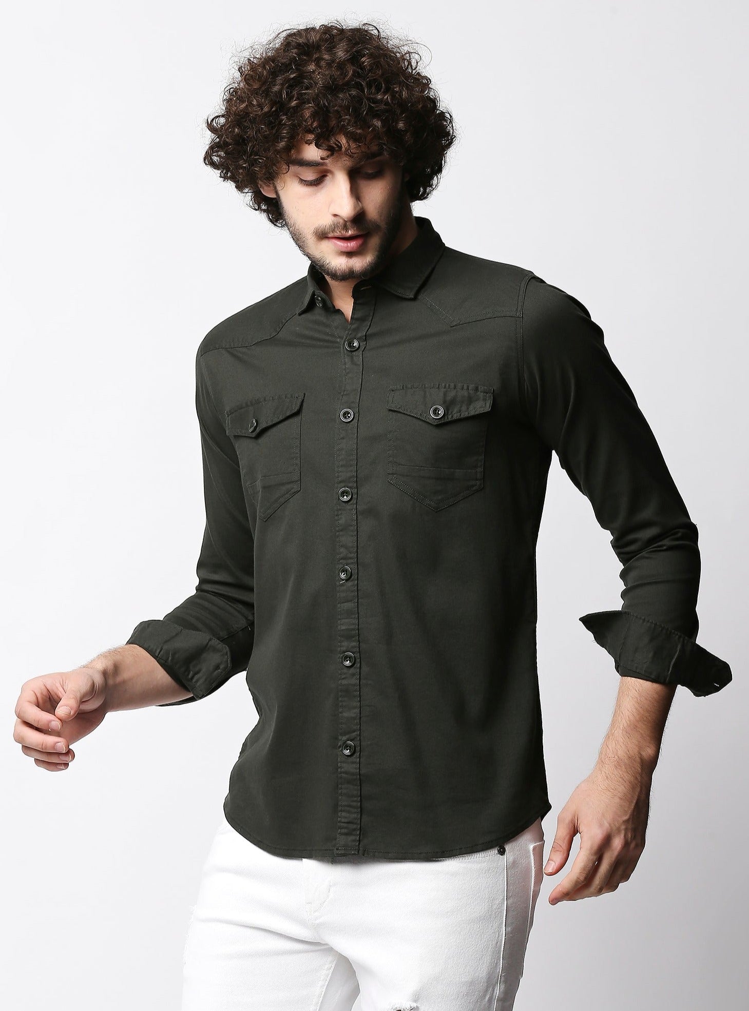 Fostino Dark Green Double Pocket Full Sleeves Casual Shirt - Fostino - Shirts