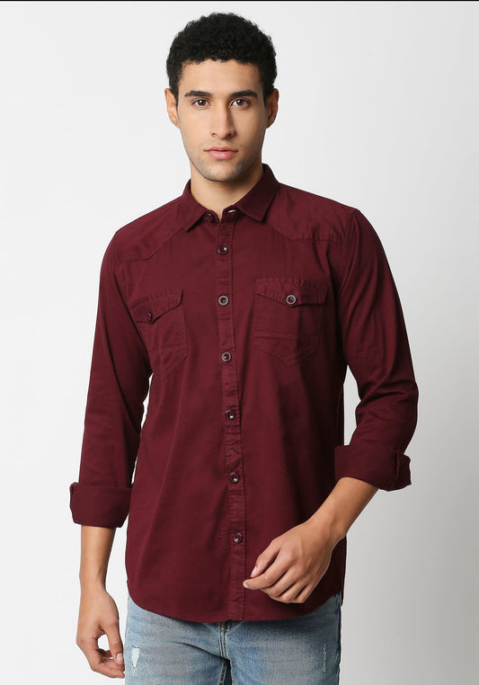 Fostino Maroon Double Pocket Full Sleeves Casual Shirt - Fostino Shirts & Tops
