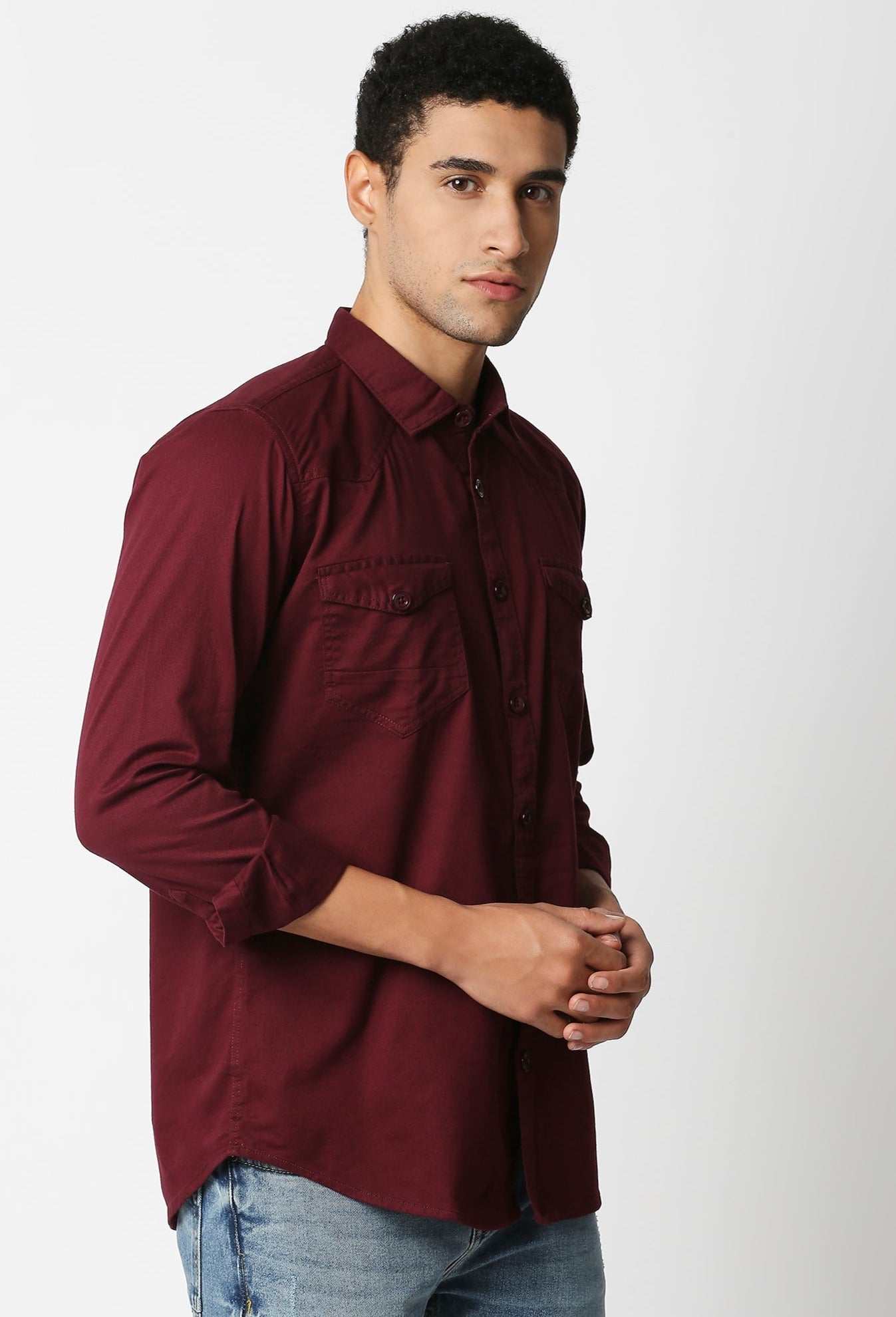 Fostino Maroon Double Pocket Full Sleeves Casual Shirt - Fostino Shirts & Tops