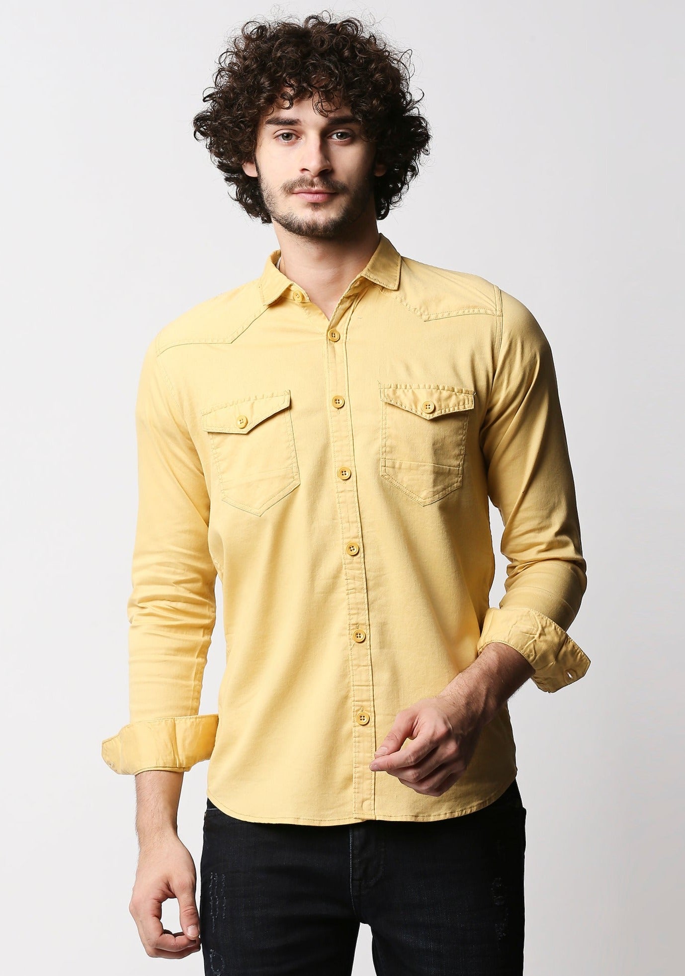 Fostino Yellow Double Pocket Full Sleeves Casual Shirt - Fostino - Shirts