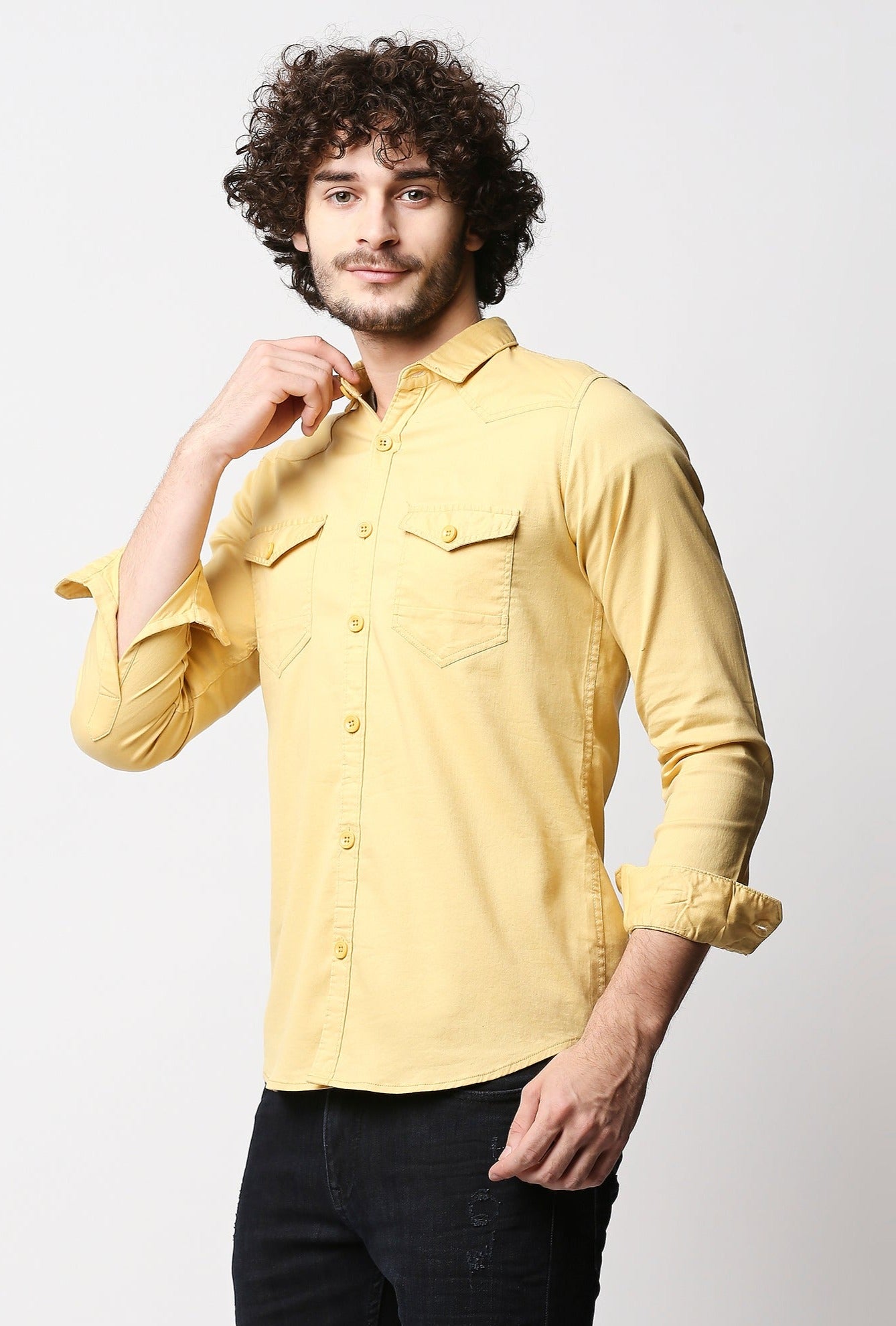 Fostino Yellow Double Pocket Full Sleeves Casual Shirt