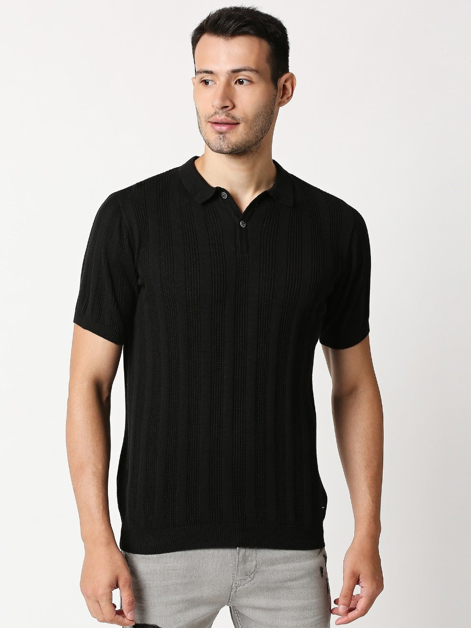 Fostino Alpha Knitted Black Polo T-shirt - Fostino T-Shirts