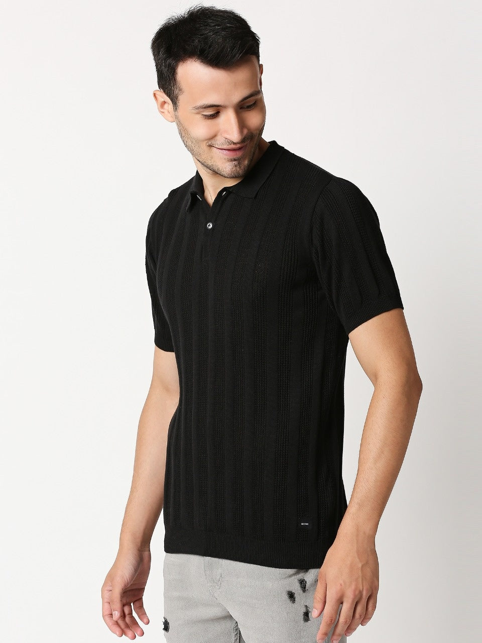 Fostino Alpha Knitted Black Polo T-shirt - Fostino - T-Shirts