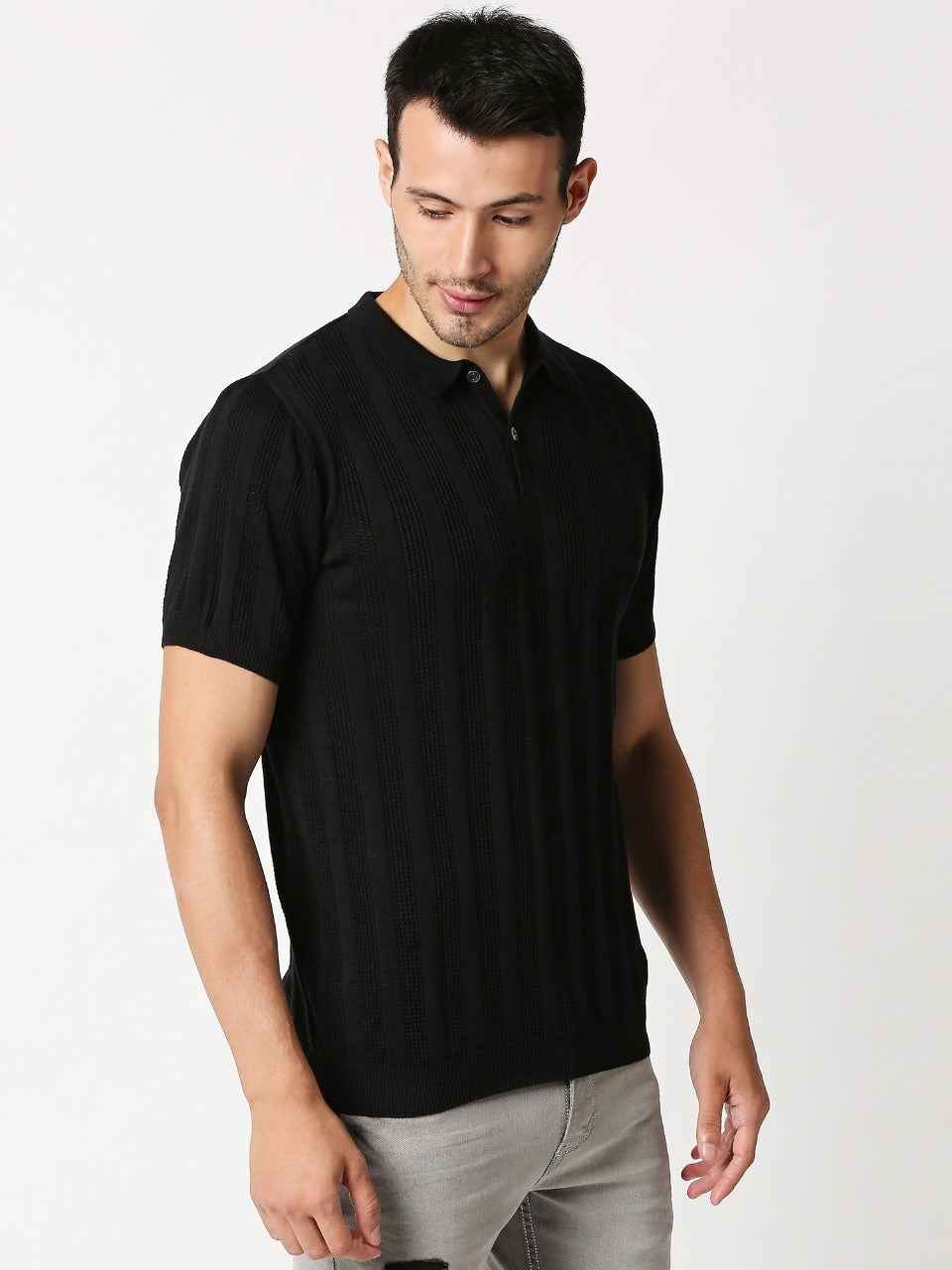 Fostino Alpha Knitted Black Polo T-shirt - Fostino - T-Shirts