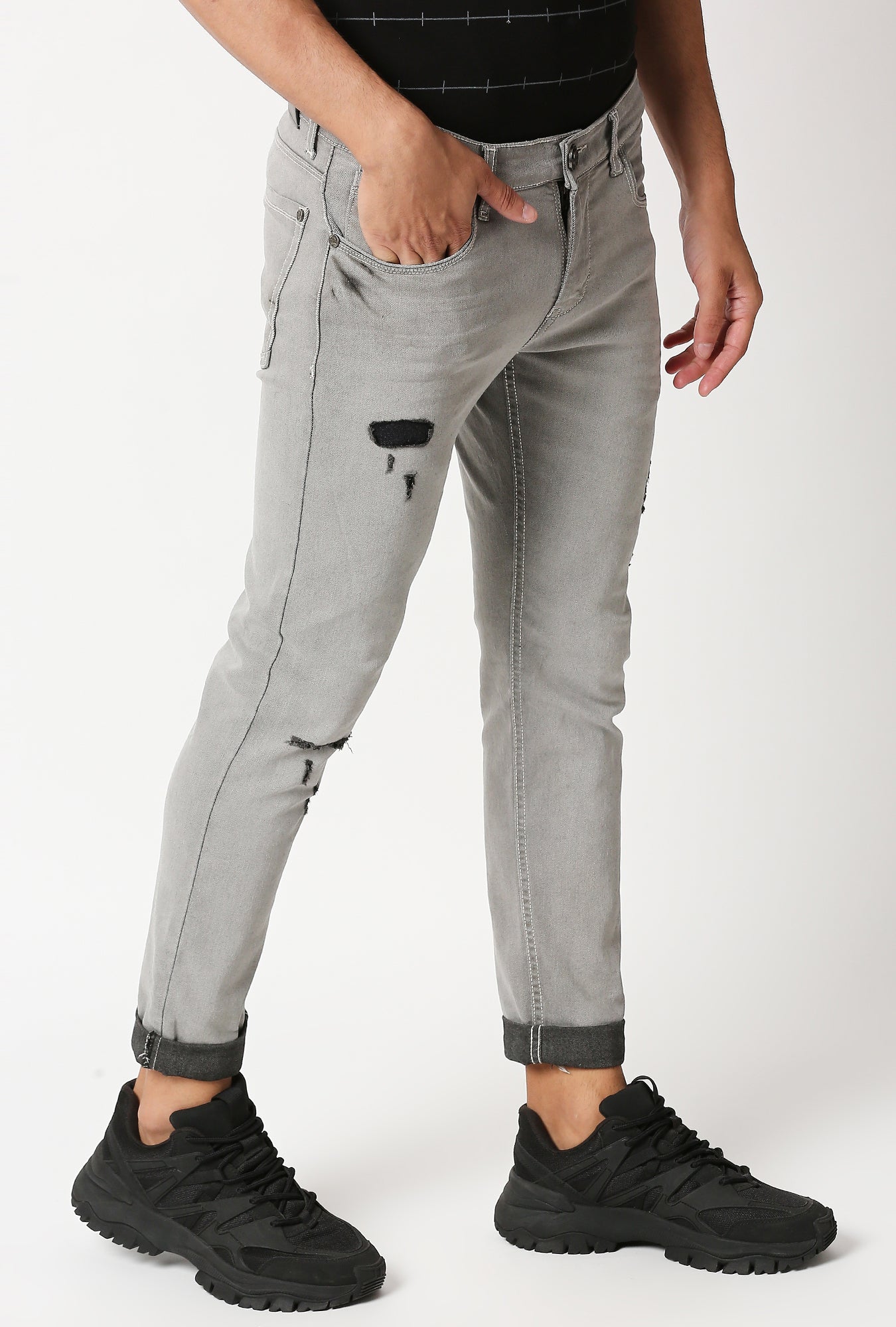 Fostino Distress And Repair Stretch Skinny Jeans In Grey - Fostino - Jeans