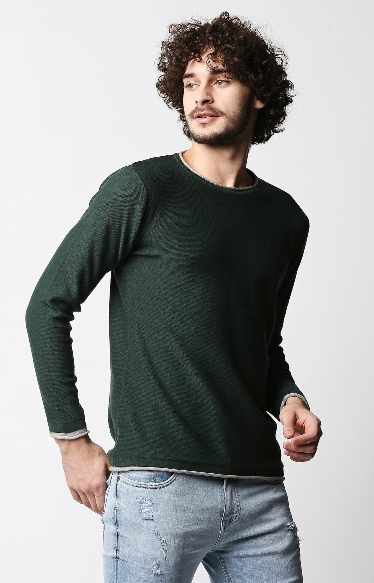 Fostino Dark Green Kintted Full Sleeves T-shirt with Piping - Fostino - T-Shirts