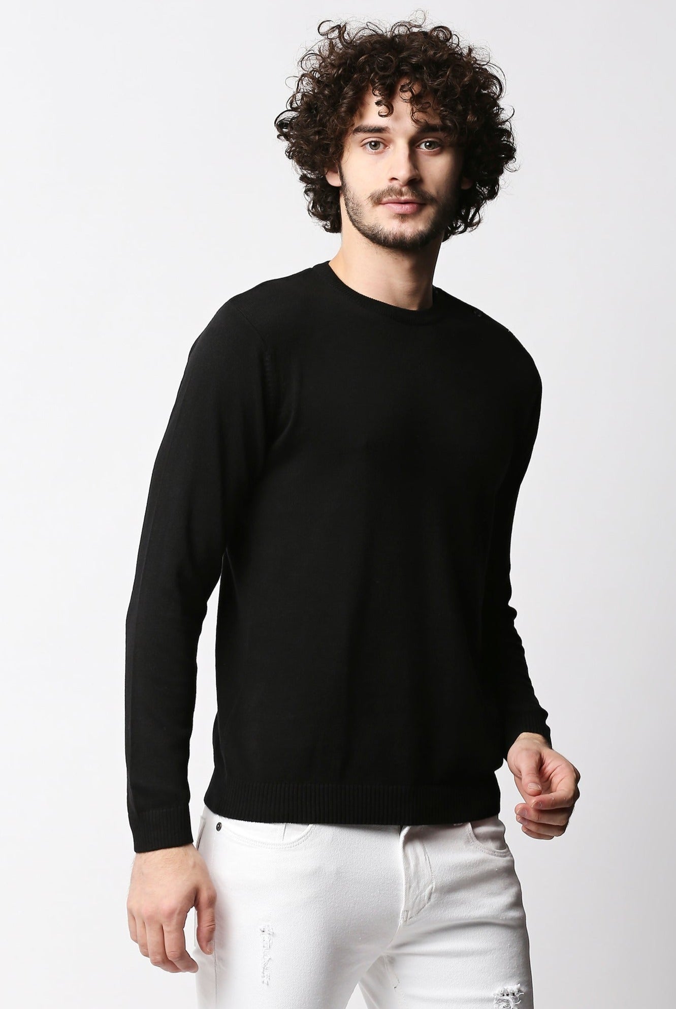 Fostino Black Knitted Full Sleeves T-shirt with button on one shoulder - Fostino - Shirts & Tops